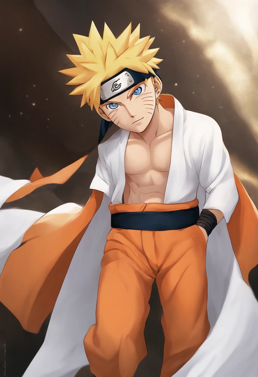 Close up portrait of a person in a white shirt and orange pants, uzumaki naruto, Naruto,