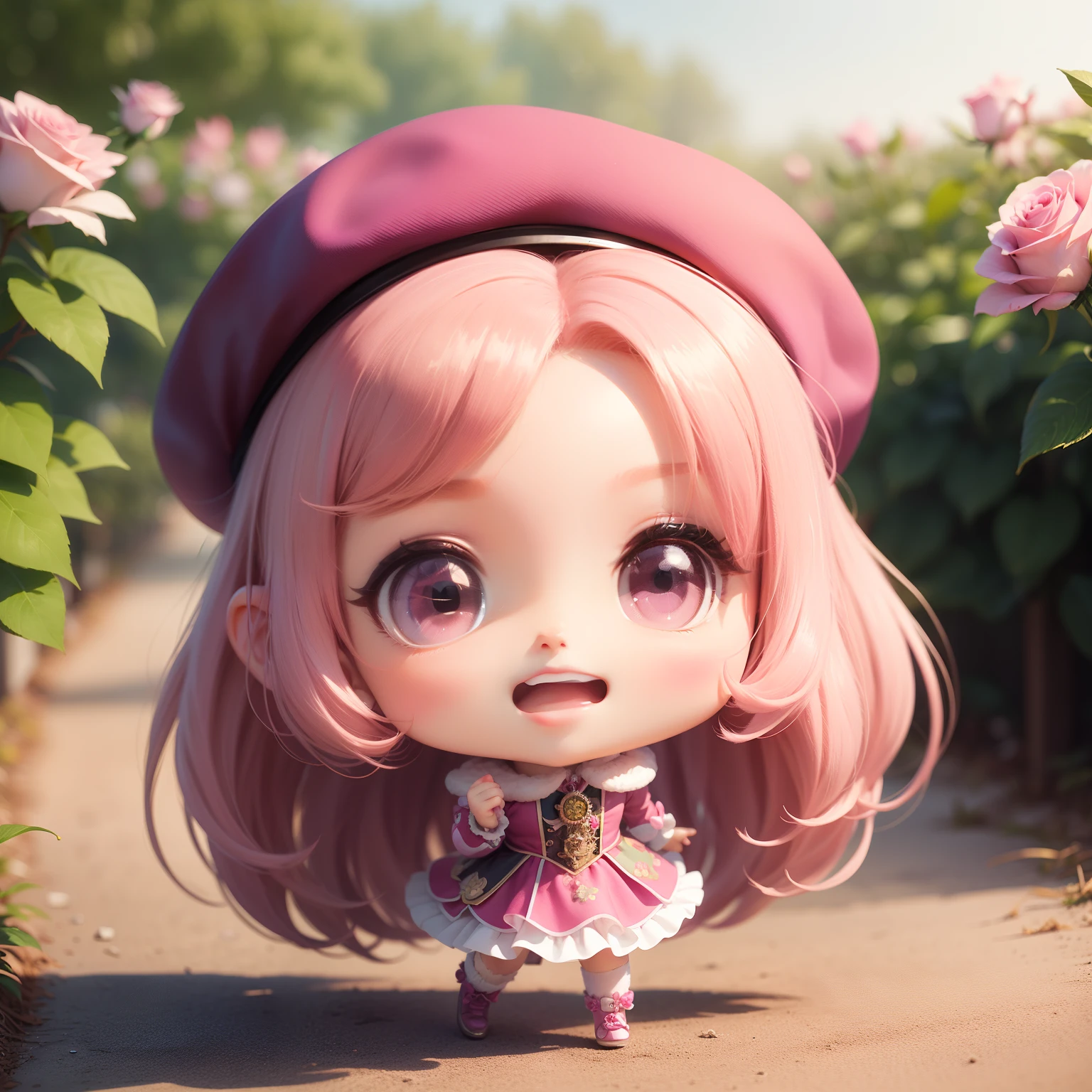 qulity) (Master Price)、 Chibi Model、light pink long hair、Riding a pink horse、 Pink and magenta jewelry decoration costume、Pink beret、Pink Rose Garden、Open your mouth and smile、ultra-detailliert、a small face、Standing、(Chibi:1.4)