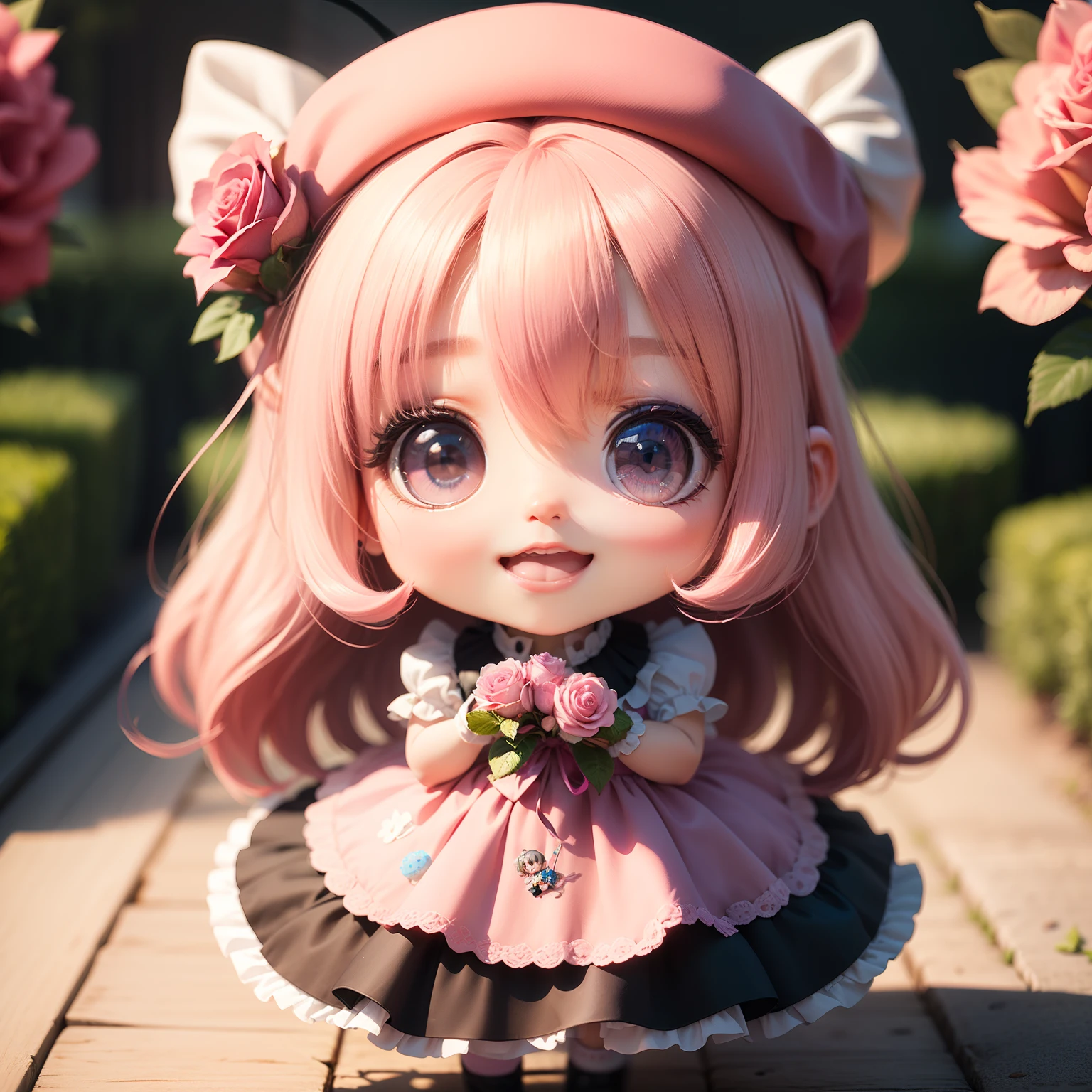 qulity) (Master Price)、 Chibi Model、light pink long hair、Riding a pink horse、 Pink and magenta jewelry decoration costume、Pink beret、Pink Rose Garden、Open your mouth and smile、ultra-detailliert、a small face、Standing、(Chibi:1.4)