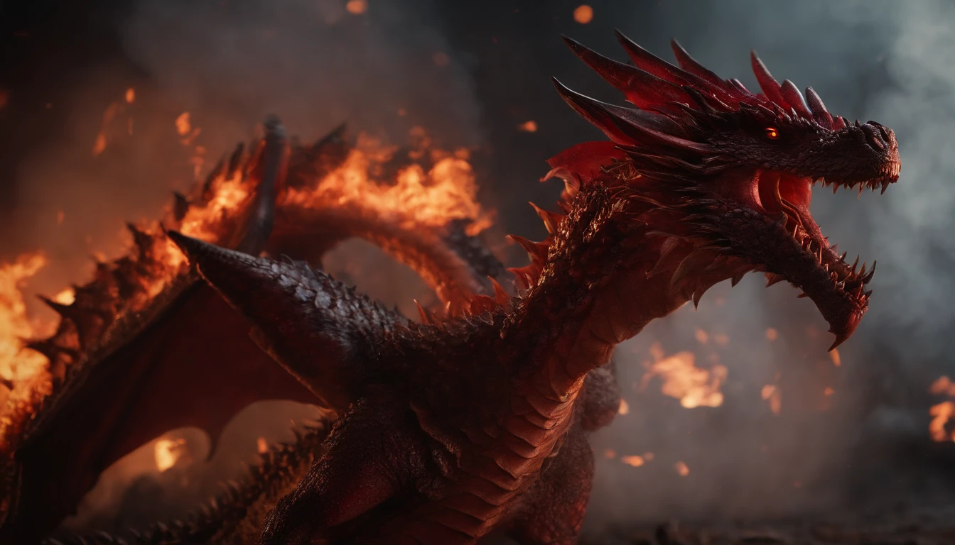 Jin Tianlong，piercing red eyes,Close-up of blood fire released from the nose,Chest scales,high high quality,8K,Many details,Fire lettuce,Alas,4 legs,Spotted claws,golds,dangers,fires,dentes pontiagudos,big dragon,immensity,threatening,imponent