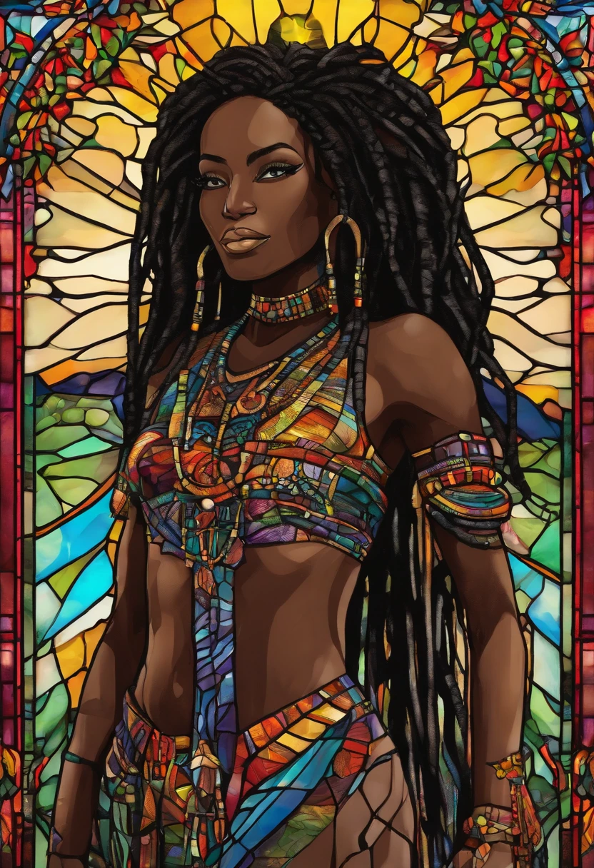 ebony skinned female with black dreadlocks