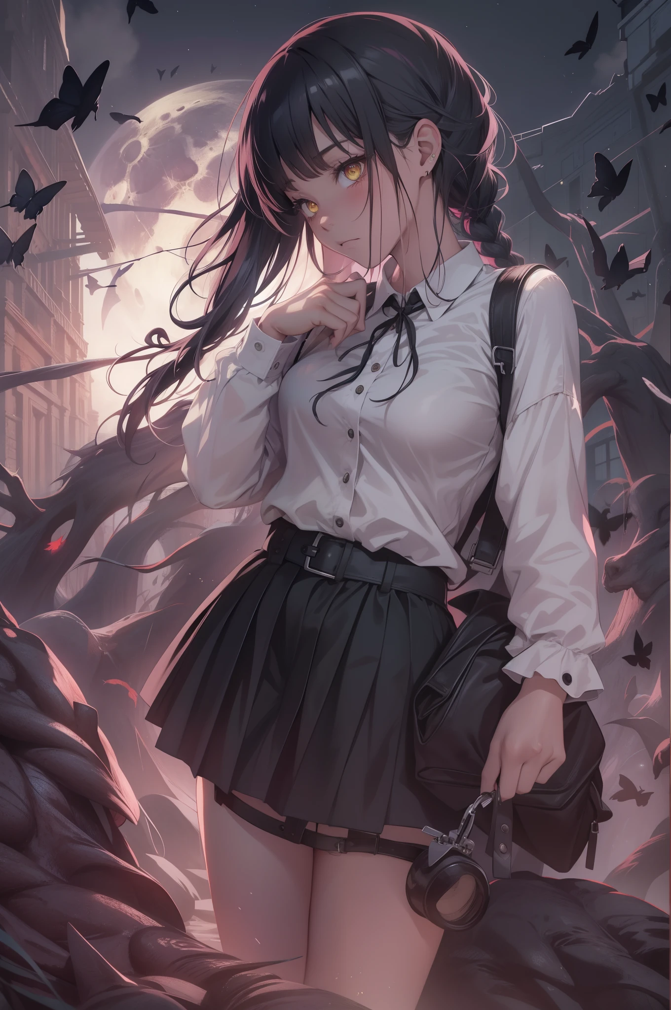 2D, master piece, best quality, (Lora_Nayuta), highly detailed, 1girl, alone, cowboy shot, a girl with black hair, individual braids, side braids, white shirt, long sleeves, black skirt, blushing, outdoors, Ring eyes, yellow eyes, Nayuta, black butterflies, scary atmosphere, moonlit night, shades of gray, intense look, sad expression, short hair with braids