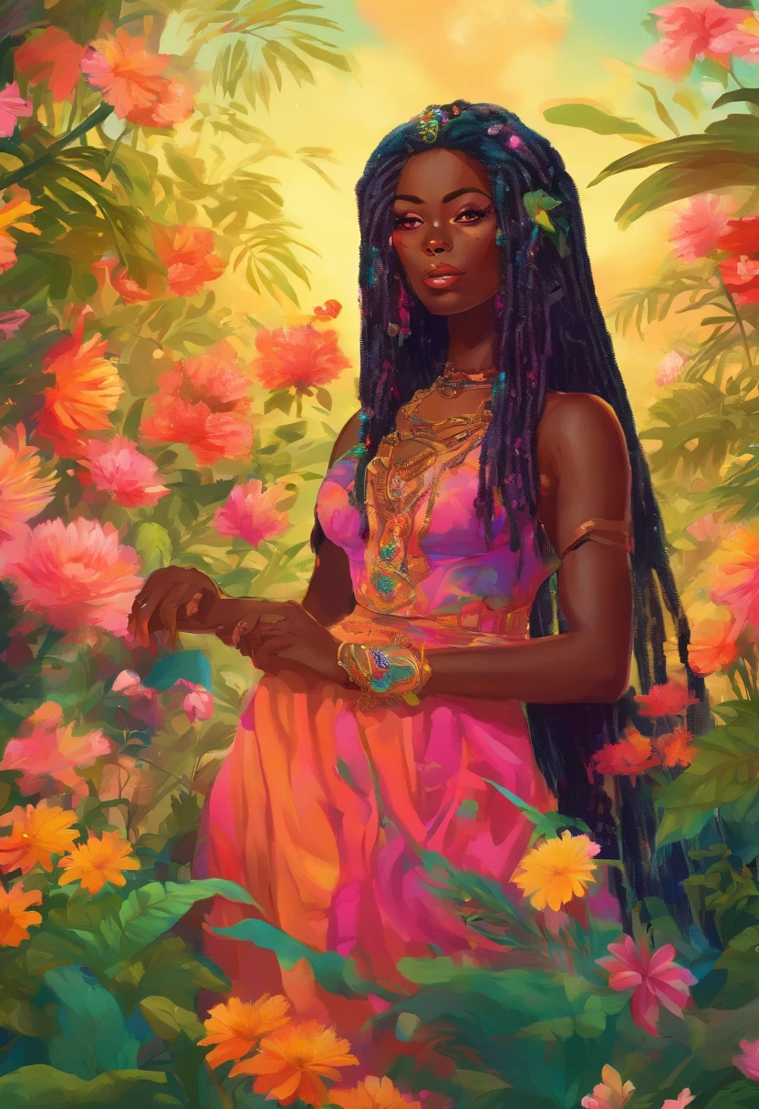 (a girl,a woman,a lady) with (ebony,black) (skin,complexion) and (long, flowing) (black, dark) (dreadlocks, hair), (beautiful detailed eyes,beautiful detailed lips,extremely detailed eyes and face,longeyelashes). She is (standing,sitting) in a (lush, vibrant) garden surrounded by (colorful, blooming) flowers. She is wearing a (colorful, flowing) dress, and her (graceful, elegant) posture exudes confidence and (femininity, strength). The sunlight gently illuminates her face, casting a soft and (warm,golden) glow. The scene is (realistic,photorealistic:1.37) and (best quality,highres), with (vivid,rich) colors and (sharp,defined) details.