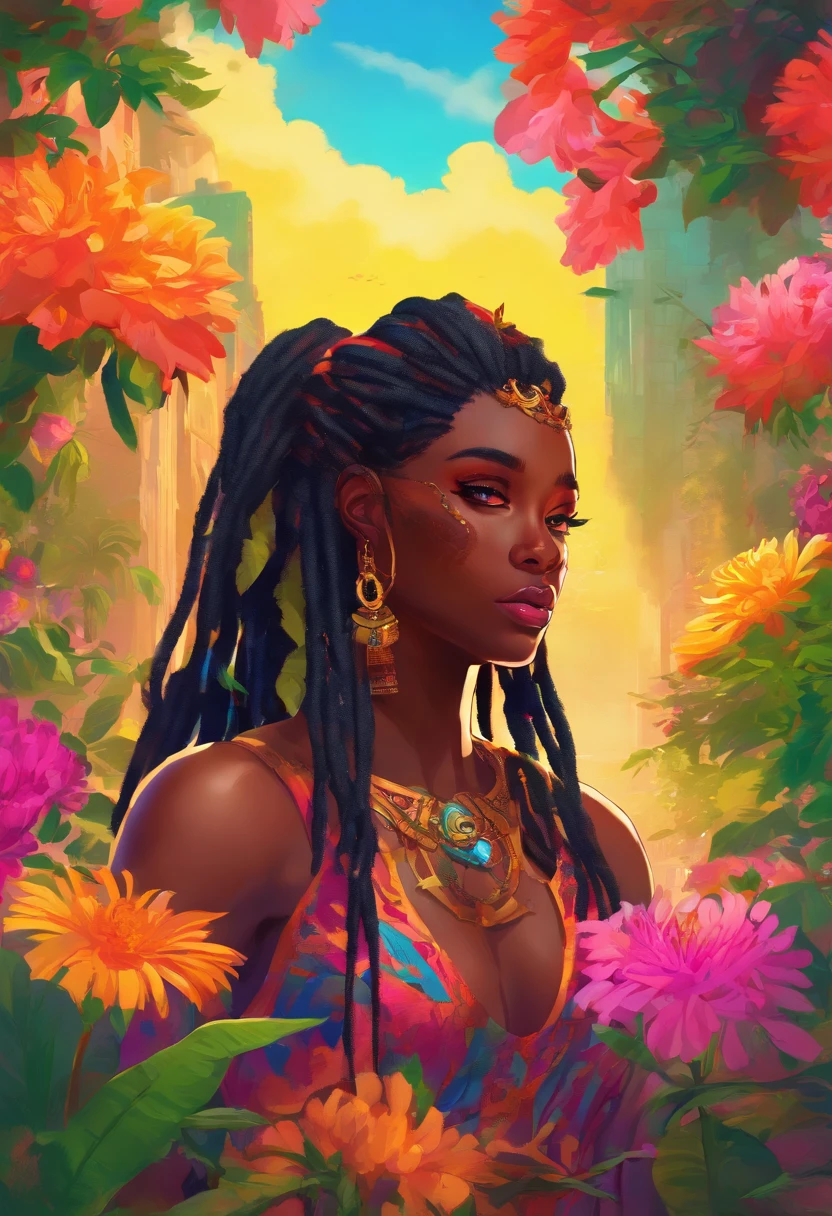 (a girl,a woman,a lady) with (ebony,black) (skin,complexion) and (long, flowing) (black, dark) (dreadlocks, hair), (beautiful detailed eyes,beautiful detailed lips,extremely detailed eyes and face,longeyelashes). She is (standing,sitting) in a (lush, vibrant) garden surrounded by (colorful, blooming) flowers. She is wearing a (colorful, flowing) dress, and her (graceful, elegant) posture exudes confidence and (femininity, strength). The sunlight gently illuminates her face, casting a soft and (warm,golden) glow. The scene is (realistic,photorealistic:1.37) and (best quality,highres), with (vivid,rich) colors and (sharp,defined) details.