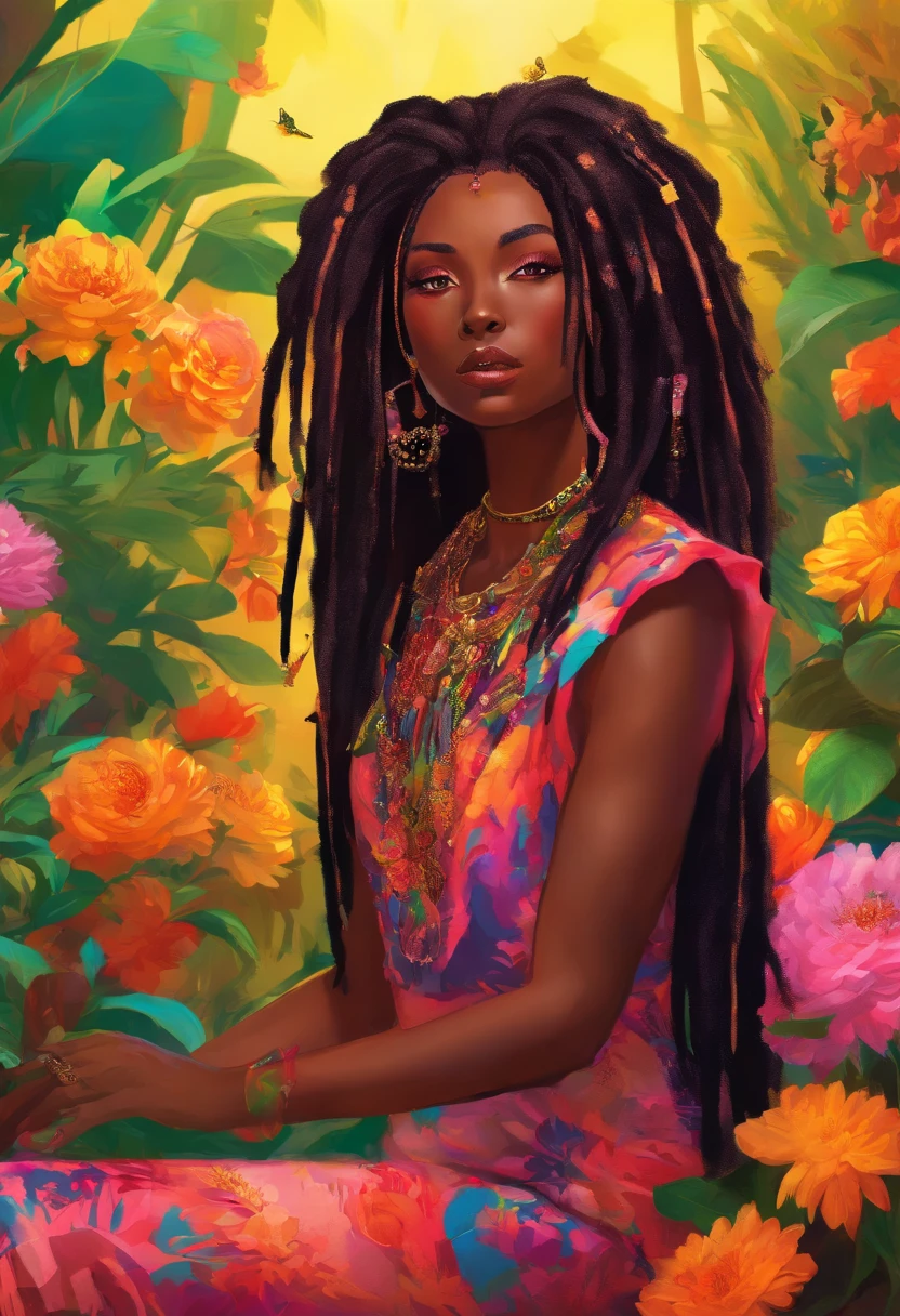 (a girl,a woman,a lady) with (ebony,black) (skin,complexion) and (long, flowing) (black, dark) (dreadlocks, hair), (beautiful detailed eyes,beautiful detailed lips,extremely detailed eyes and face,longeyelashes). She is (standing,sitting) in a (lush, vibrant) garden surrounded by (colorful, blooming) flowers. She is wearing a (colorful, flowing) dress, and her (graceful, elegant) posture exudes confidence and (femininity, strength). The sunlight gently illuminates her face, casting a soft and (warm,golden) glow. The scene is (realistic,photorealistic:1.37) and (best quality,highres), with (vivid,rich) colors and (sharp,defined) details.
