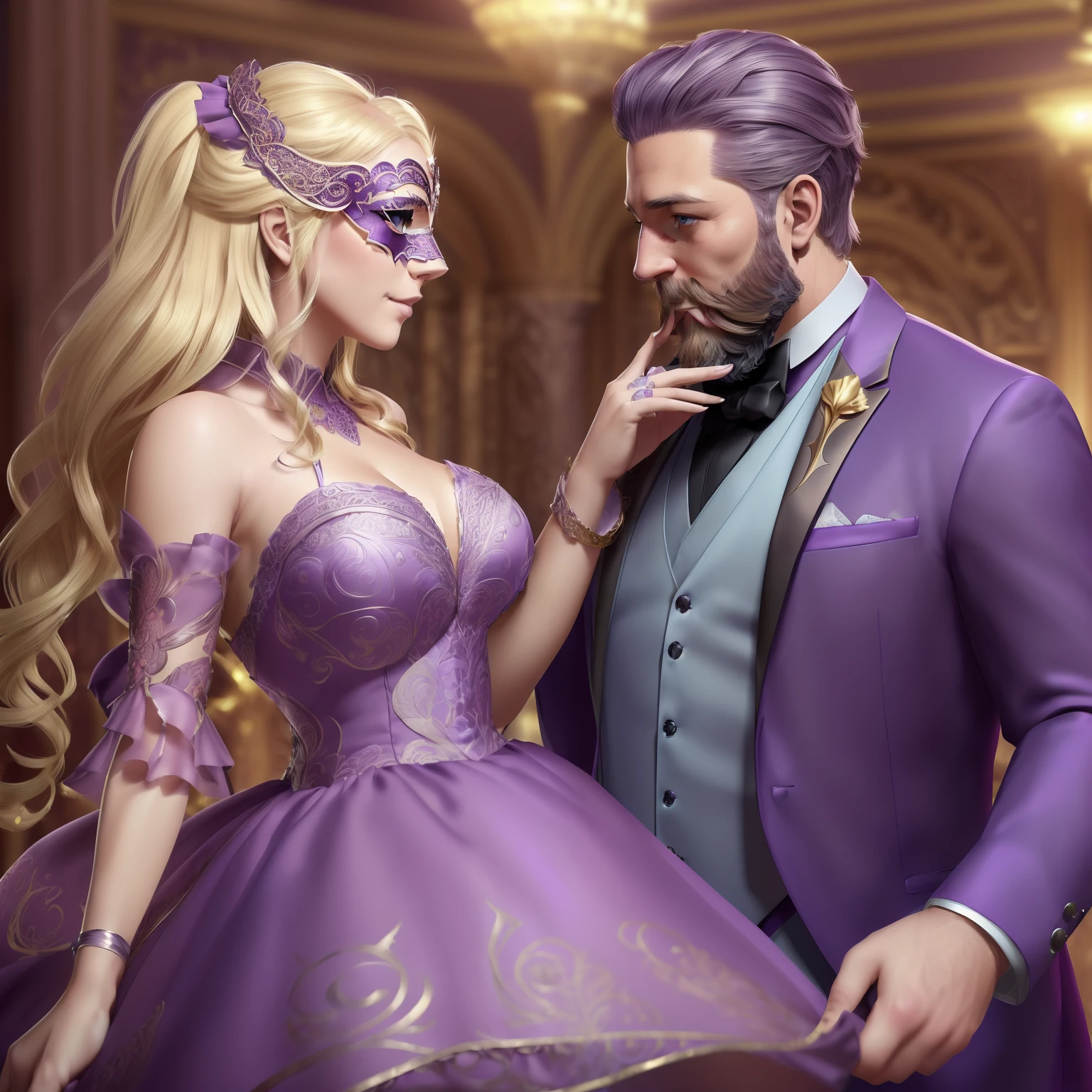 A happy couple dancing looking at each other, ((Realistic female with burgundy hair wearing a ornate masquerade mask and a purple and silver ballgown), ((Realistic male with blonde hair style with a beard and blue eyes with a dad bod wearing a purple and silver suit and a exquisite and ornate masquerade mask)), standing in a ballroom, full body view, rear view, photorealistic, High resolution, ((perfect hand)), ((perfect face)), hair with many details, 8k artgerm bokeh, fanart best artstation, render photorealistic, guweiz-style art, inspired by WLOP, ig model | artgerm, detailed, stunning portrait of realistic face, beautiful, deviantart artstation cgscosiety
