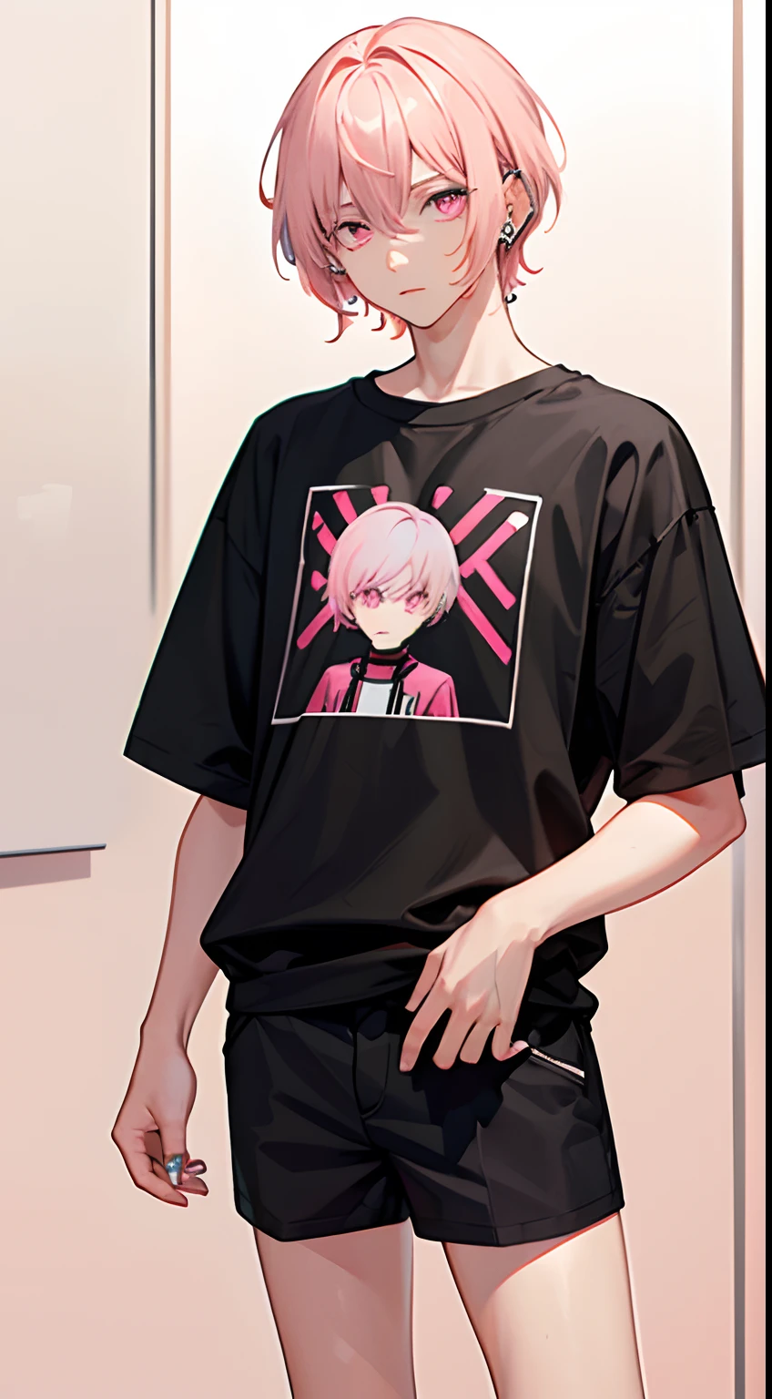 1boy, ((light pink hair color)) , short hair, black clothes, piercings, (light pink eyes color)