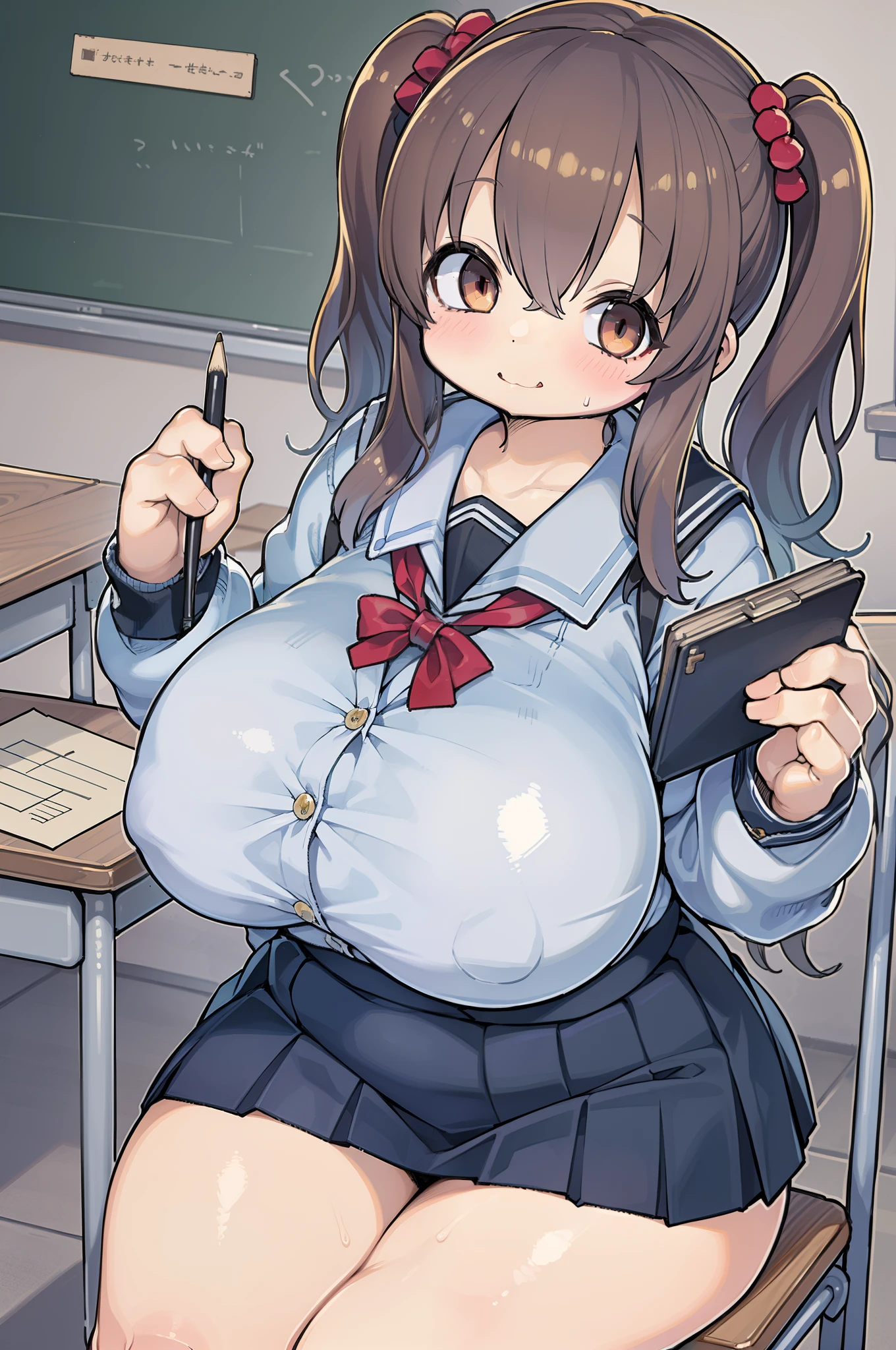 ((masutepiece, Best Quality)),Best aesthetic,1girl in, School uniform, desk work, Sitting, School Desk, Brown hair, crass room, Long hair, Indoors, Chair, Looking at Viewer, :P, Solo Focus, Brown eyes, Skirt, Long sleeves, Pencil, 1 boy, pencil case, paper, black serafuku, Multiple girls, Pleated skirt, Sailor collar, Bangs, head rest, School bag, school chair,huge-breasted、bbw、thick thight、big butts