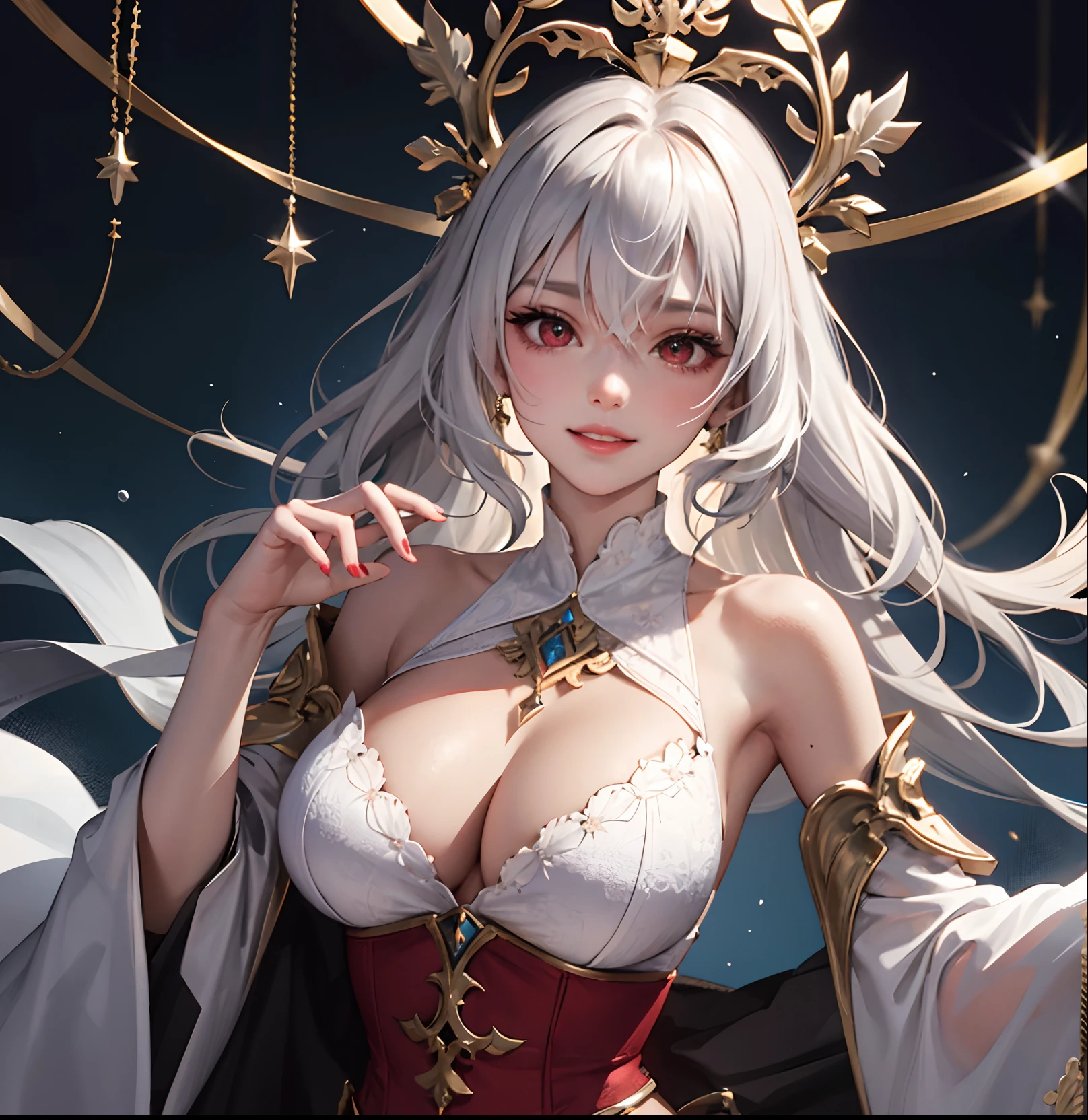 (masterpiece:1.2, best quality), (real picture, intricate details), 1lady, solo, upper body, fancy, Fancy setting, long hair, minimal makeup, natural fabrics, close-up face, smile, school, long white hair, bangs, hair bangs, bangs between eyes, red eyes, big breasts, big tits, big butt, fancy clothing, goddess, skirt, pleated skirt, goddess clothing, detailed