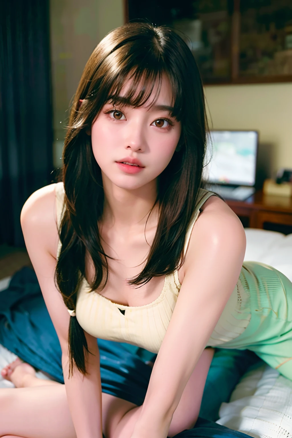 (8K, Raw photography, top-quality, masterpiece:1.2), Girl with long eyelashes and big eyes is sitting on sofa staring at us、A collar is worn around the neck、SM Play、The whole body is visible from her head to the toes of her feet、She raised one leg、Legs wide open、Make the pubic area and buttocks visible, She has open arms、3 d, Asian, bangss, breastsout, brown_Eyes, greys_Background, s lips, Dim room with natural light、a navel, realisitic, shinny skin、Beautiful delicate face、Beautiful delicate eyes、(realisitic、Photo Real:1)、(8K, Raw photo, Photorealistic:1.25) ,( lipgloss, gloss-face, Glossy skin, Best Quality, 超A high resolution, depth of fields, Broad lighting, Natural Shading,Kpop Idol) looking at viewer with a serene and goddess-like happiness, Baby face, chest girth is 100 cm, Waist is 50cm, Hips are 100cm, NSFW, fluffy and soft hair,(NSFW: 3), (nudde: 2.6),Sexy pink and areola on breast、high detailing, 真实感, High resolution, ccurate, tre anatomically correct, 3), (NSFW: 5), slim figure, A live-action masterpiece, top-quality, hight resolution, (portrait shooting: 1.5) (nudde: 2.5), full of sweat、She stares at me with big teary eyes..Angle looking down from above、Slightly open mouth、Duck mouth、Not wearing pants、She shows off her pubic area、Fully visible pubic area and buttocks、fullnude、lying on the bed、fullnude、Atmosphere like when you have sex、Sexual atmosphere、fullbody image、barechested、