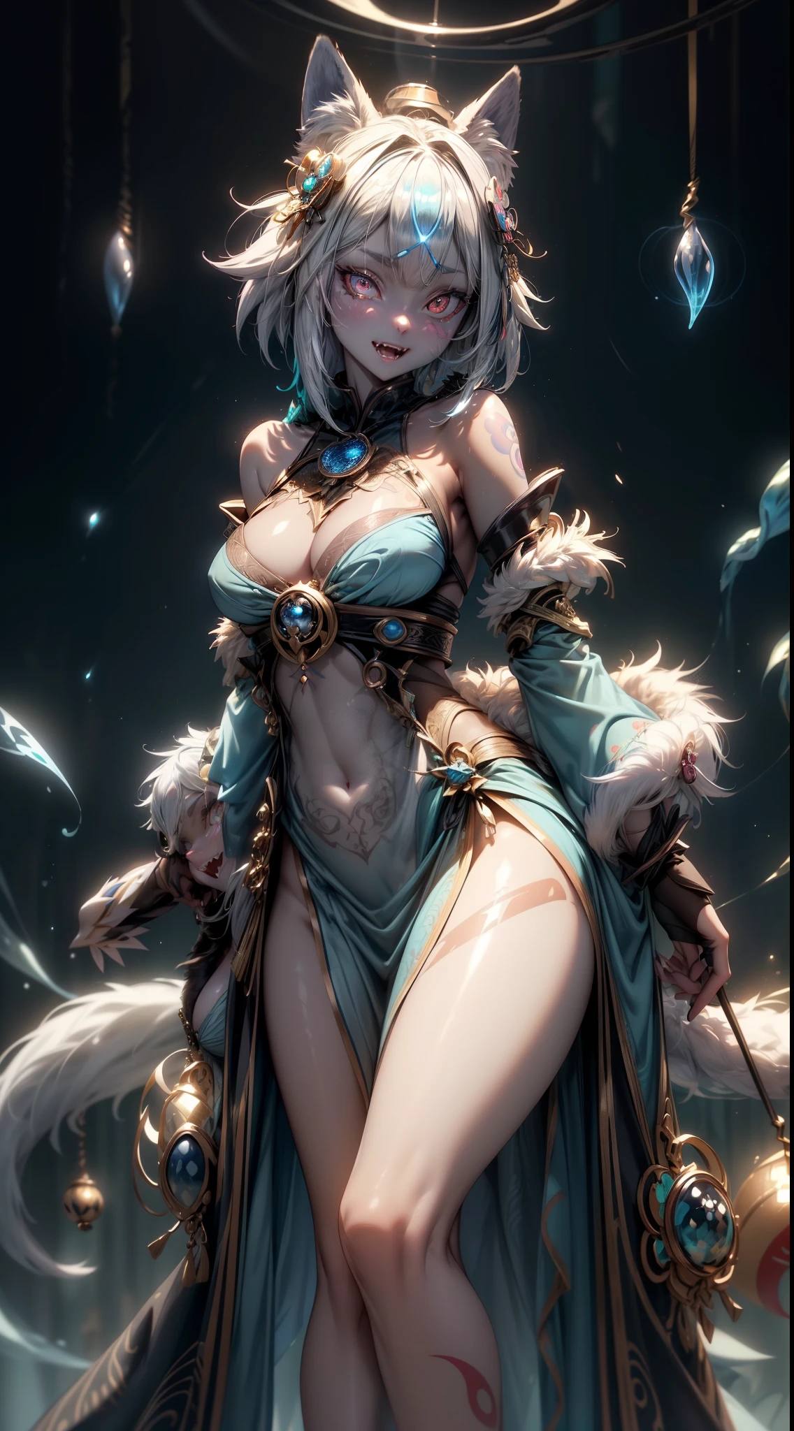 (spirit, spiritual:1.4) (blue fire:1.5) (fox:1.3) girl, 1girl, perfect and well designed glowing shiny eyes, (beautiful detailed eyes:1.05), natural breasts, slim body, beautiful and delicate cute face, (face detail), ((realistic face)), pores, ((pale grey skin)), detailed skin, realistic skin, (((bioluminescence))), ((shiny skin)), ((glowing speckles on skin)), (fangs:1.5), (multicolored gradation skin), (fur body:1.8), human face, ((monster girl)), medium length hair, hair voluminous, (((((multicolored gradation hair))))), super high resolution, 8k, parameters Best quality, (masterpiece:1.4), (magic accessories:1.4), bracelets, extremely detailed thick tight ({nylon|lycra}:1.5) pastel bright ((blue, silver:1.2), (pink, purple:0.6)) ornate ((dress:1.1), (minidress:0.4), (kimono:0.25)), (ornaments on clothing:1.5), (neckline:1.3), (cleavage), decolette, navel, Young Girl, Little Beast, (Smile:0.7), (pale Skin:1.2), ((tattoos all over body, Tribal tattoos all over legs)), ultra detailed, photorealistic, ((Real image)), (best quality:1.4), super high resolution, (Realistic 2.0), More details, (((1girl))), futuristic, technologies, (beautiful and aesthetic:1.2), (fractal art:1.4), (cinematic light:1.1), DUTCH ANGLE, 16K, HDR, RTX, Ray Tracing, Radiosity, Anisotropic Filtering, Subsurface Scattering, (((magic lights))), metallic reflections, Detailed, Realistic, 4k highly detailed digital art, (cool_color), extremely detailed CG unity 8k wallpaper, vibrant colors