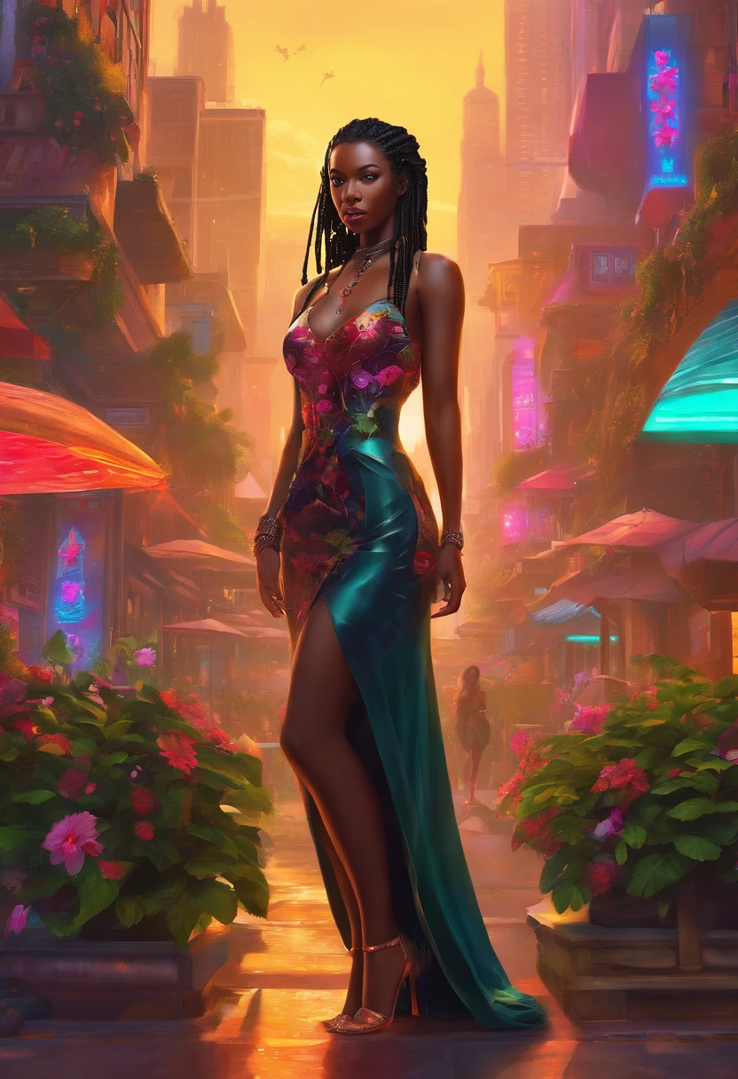 (a girl,a woman,a lady) with (ebony,black) (skin,complexion) and (long, flowing) (black, dark) (dreadlocks, hair), (beautiful detailed eyes,beautiful detailed lips,extremely detailed eyes and face,longeyelashes). She is (standing,sitting) in a (lush, vibrant) garden surrounded by (colorful, blooming) flowers. She is wearing a (colorful, flowing) dress, and her (graceful, elegant) posture exudes confidence and (femininity, strength). The sunlight gently illuminates her face, casting a soft and (warm,golden) glow. The scene is (realistic,photorealistic:1.37) and (best quality,highres), with (vivid,rich) colors and (sharp,defined) details.