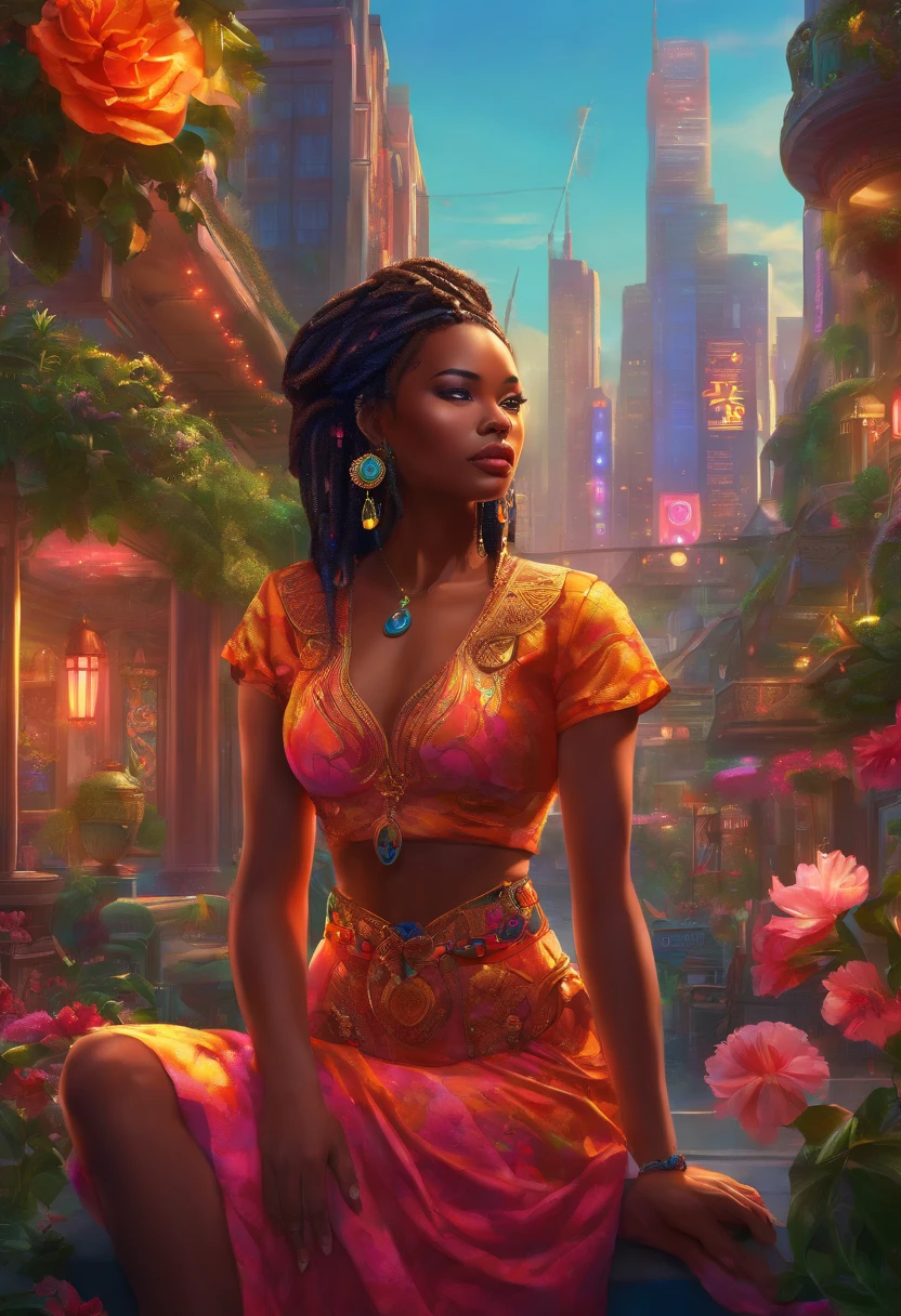 (a girl,a woman,a lady) with (ebony,black) (skin,complexion) and (long, flowing) (black, dark) (dreadlocks, hair), (beautiful detailed eyes,beautiful detailed lips,extremely detailed eyes and face,longeyelashes). She is (standing,sitting) in a (lush, vibrant) garden surrounded by (colorful, blooming) flowers. She is wearing a (colorful, flowing) dress, and her (graceful, elegant) posture exudes confidence and (femininity, strength). The sunlight gently illuminates her face, casting a soft and (warm,golden) glow. The scene is (realistic,photorealistic:1.37) and (best quality,highres), with (vivid,rich) colors and (sharp,defined) details.