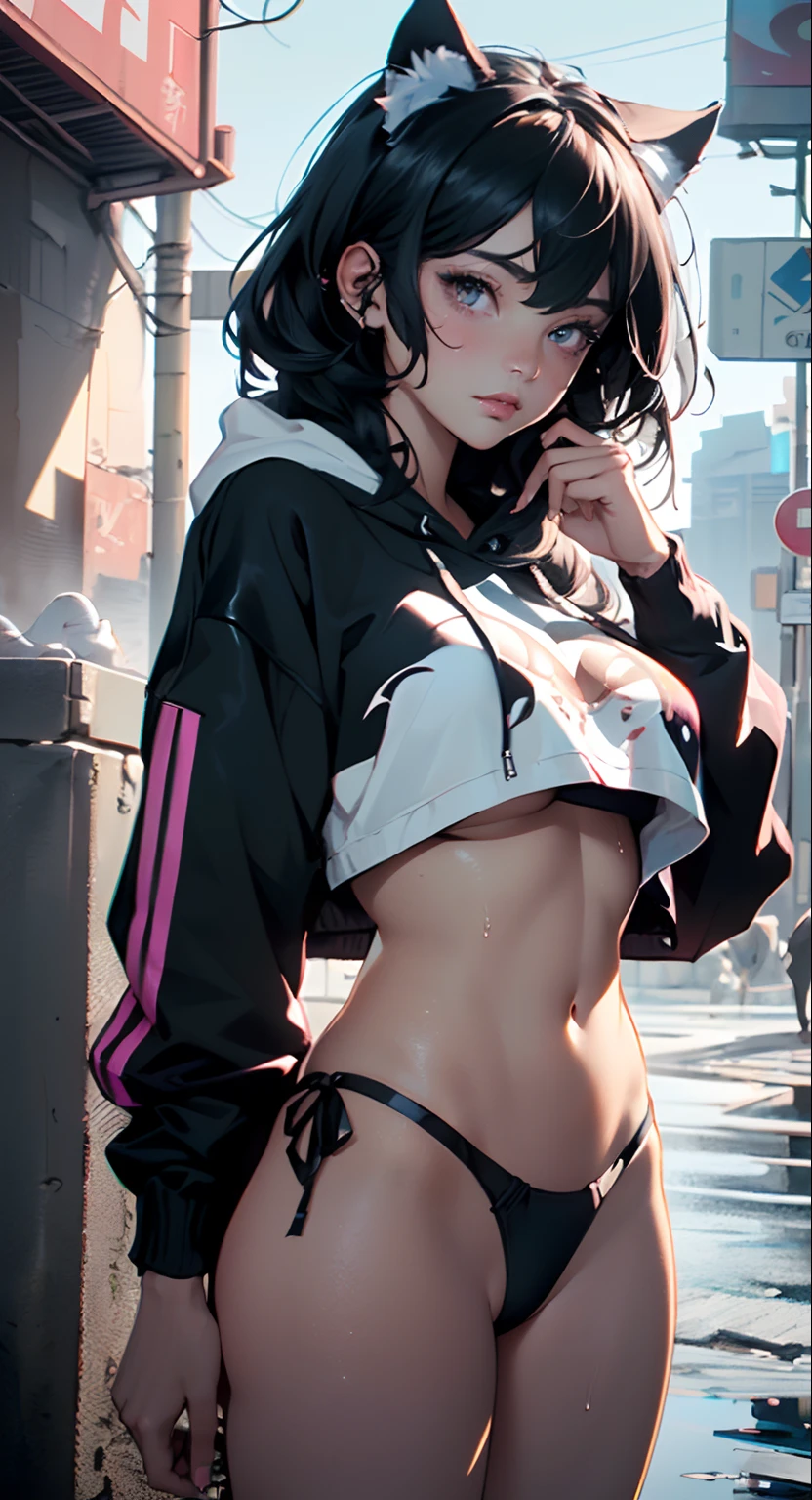 girl spacepunk,(((1girl))),((beautiful girl with bright and luminous cat ears)),

(large breasts:1.4),saggy breasts,((black hair,black messy hair,colored inner hair,large hair,absurdly long unkempt hair:1.35,long black hair,ear breathing)),((((cat ears,cat ears on head,big cat ears)))),(((pink eyes:1.3,intricate eyes,beautiful detailed eyes,neon color eyes:1.5,glowing eyes,symmetrical eyes))),((fat)),(((lustrous skin:1.5,bright skin: 1.5,skin tanned,shiny skin,very shiny skin,shiny body,plastic glitter skin,exaggerated shiny skin,illuminated skin,wet legs))),(spider lower abdomen,narrow waist,wide hip,athletic body,inflated legs,delicate detailed fingers,detailed body,human hands,(detailed face)),

cute,slutty,seductive,erotic,(((nsfw))),

(graffiti art in clothes),zettai ryouiki,revealing clothing,show skin,(((underboob))),(cleavage),(semi-naked,with little clothing,((tiny thong)),bare legs,visible thong straps),((((crop top hoodie,cropped hoodie,hoodie,hoodie intricate)))),((wet clothes,intricate outfit,intricate clothes)),

(dynamic pose:1.0),solo focus,embarrassed,(centered,scale to fit dimensions,Rule of thirds),

cyberpunk city by the ocean at night, with bright neon signs and dark stormy clouds and puddles,

highres, sharp focus, (ultra detailed, extremely detailed), (photorealistic artwork:1.37),(extremely detailed CG unity 8k wallpaper),((synthwave background theme)),(((vibrant colors))),(intricate),(masterpiece),(best quality),synthwave neon colors,