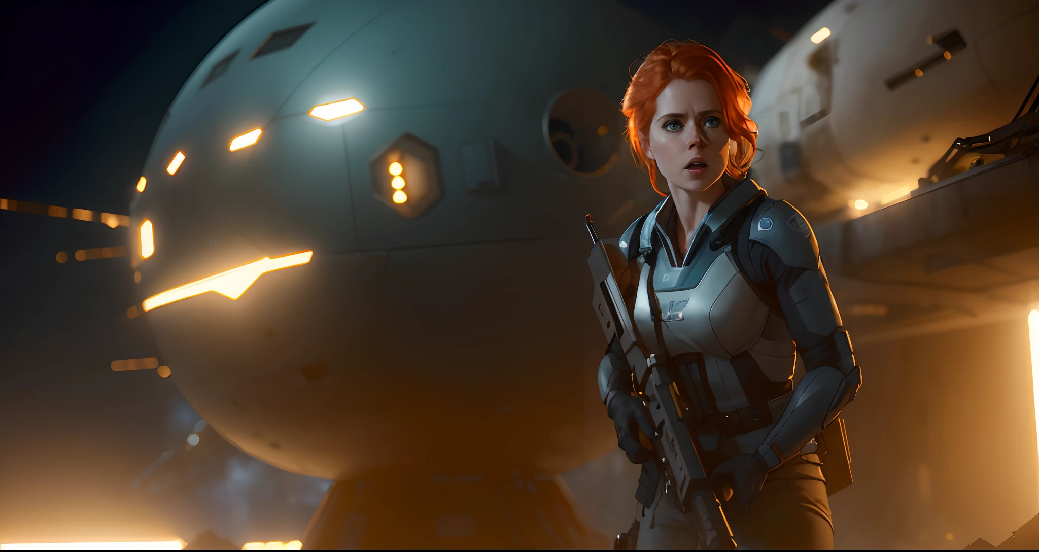 Hot terrified Sci fi Amy Adams holding a sci fi weapon on Ishimura Horror Space Ship photography, natural light, photorealism, cinematic rendering, ray tracing, the highest quality, the highest detail, Cinematic, Third-Person View, Blur Effect, Long Exposure, 8K, Ultra-HD, Natural Lighting, Moody Lighting, Cinematic Lighting