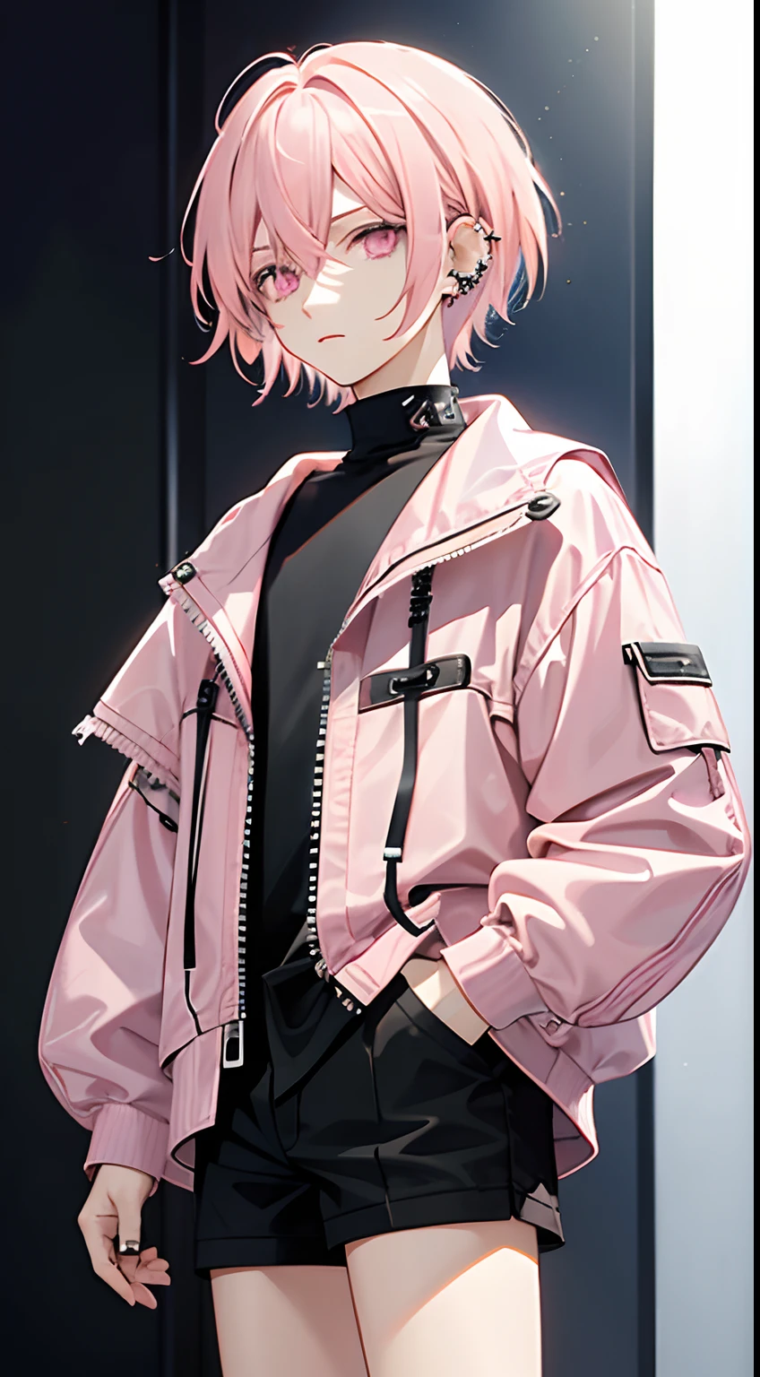 1boy, ((light pink hair color)) , short hair, black clothes, piercings, (light pink eyes color)