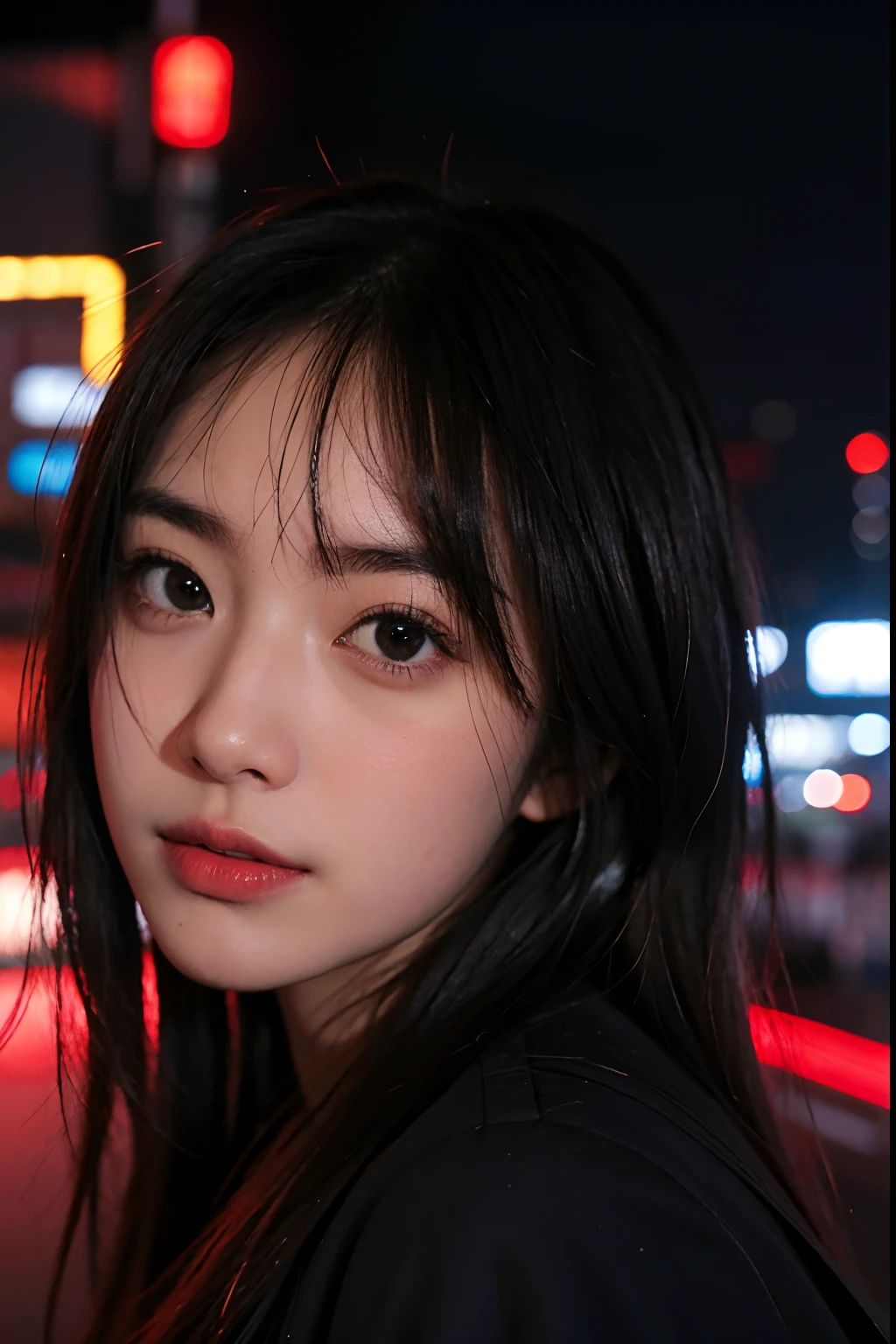 1girl, Tokyo street,night, cityscape,city lights, upper body,close-up, 8k, RAW photo, best quality, masterpiece,realistic, photo-realistic, selfie