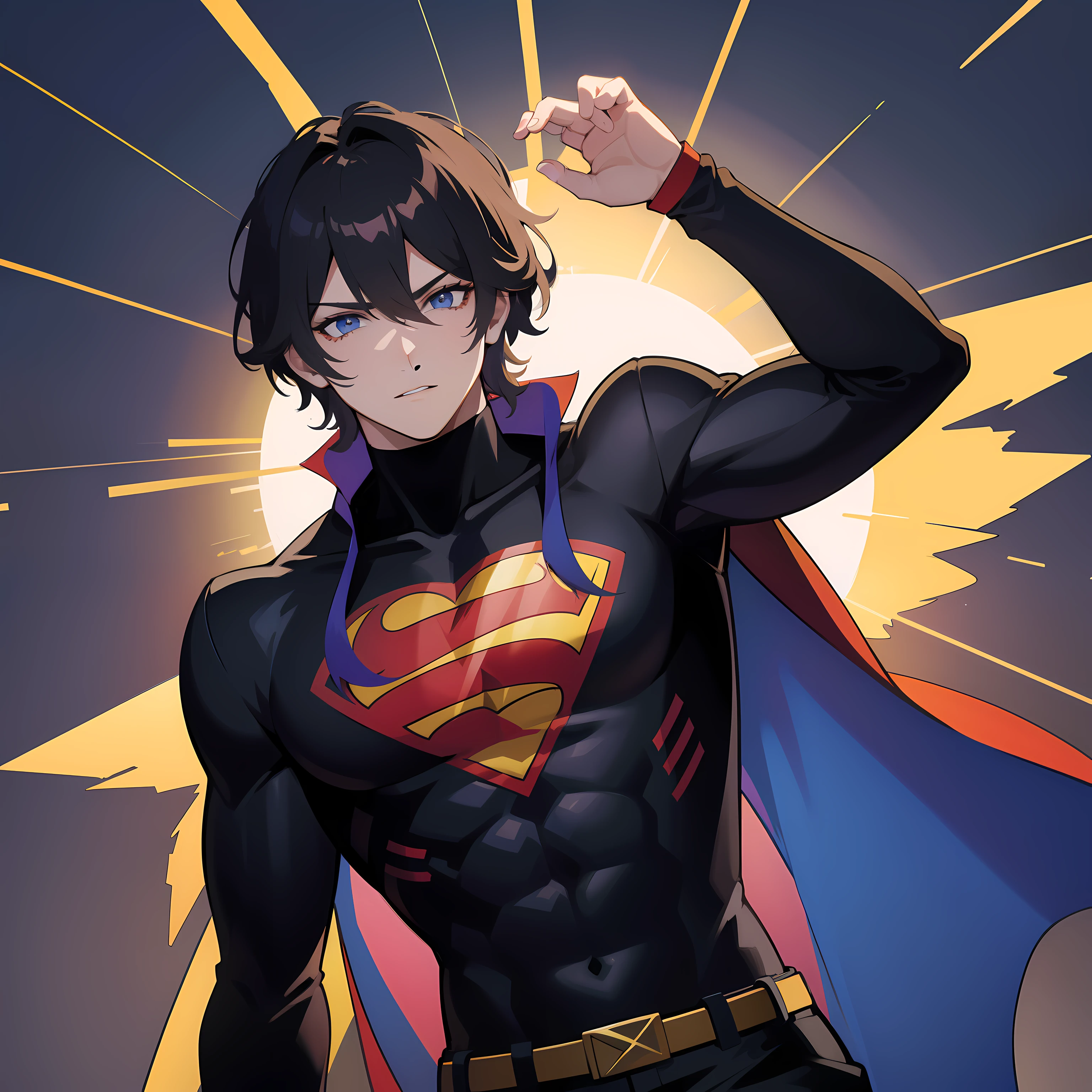 cabelo, kryptoniano, fantasia de super-homem em roxo e preto, Superboy, [estilizado, estilo quadrinhos] (estilo quadrinhos), cores intensas, impressionante qualidade HD, detalhes finos, based rendering physically, glossy latex texture, postura poderosa, Flying high in the sky, fundo de paisagem urbana, long, flowing cover, torn muscles, queixo afiado, olhos azuis expressivos, queixo forte, bold symbol on the chest, heroic pose, Sunburst effects, logotipo S lindamente projetado (colorido), dynamic action, Fantasy lighting, enfatizar  o Super S no peito com holofote quero um personagem com e sem o traje