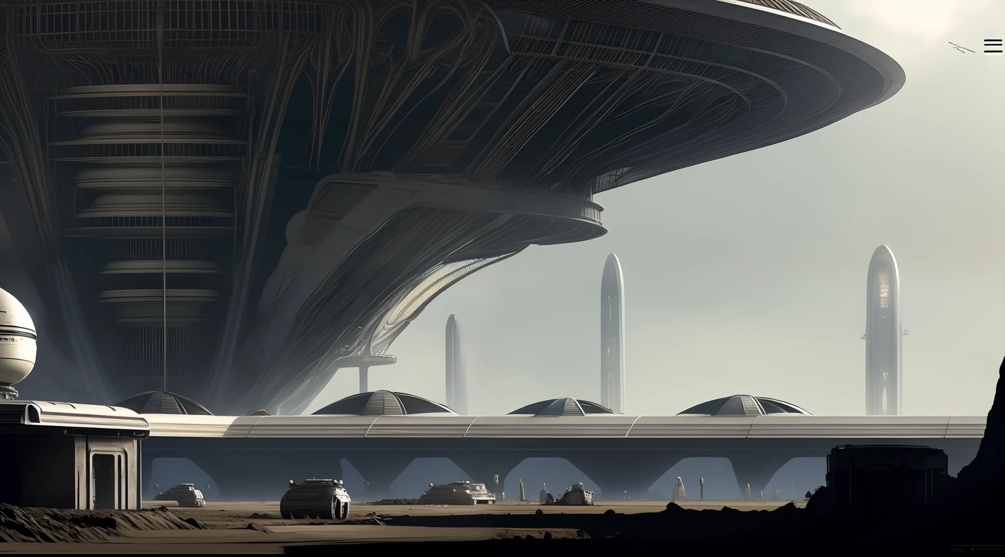 H.R. Giger concept-art minimalista para Alien, plataforma espacial 8K, realista, Cosmic Night, Small spacecraft colony, niebla, oscuridad fria, Penumbra of Planeta Ostíl. Cidad cyberpunk