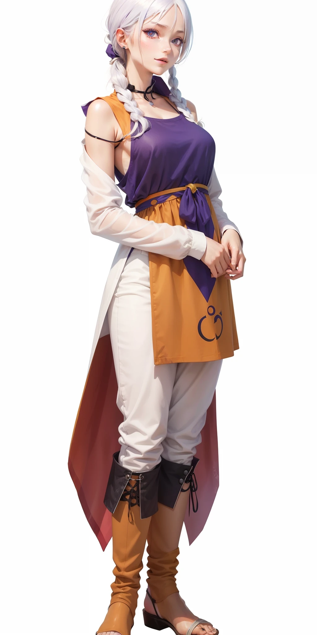 Uta (One Piece), Eiichiro Oda,, , 1girll, :D, bangs, Blue ribbon, Diamond-shaped pupils, Diamond (Shape), hair between eye, Earphone, Long hair, multicolored hair, Open mouth, Purple eyes, Red hair, ribbon, shirt, signatures, Sleeveless, Sleeveless shirt, Smile, Solo, ((split color hair)), pupils in symbol shapes, White hair, White shirt, Sea, one eye covered, aquarelle,, ,