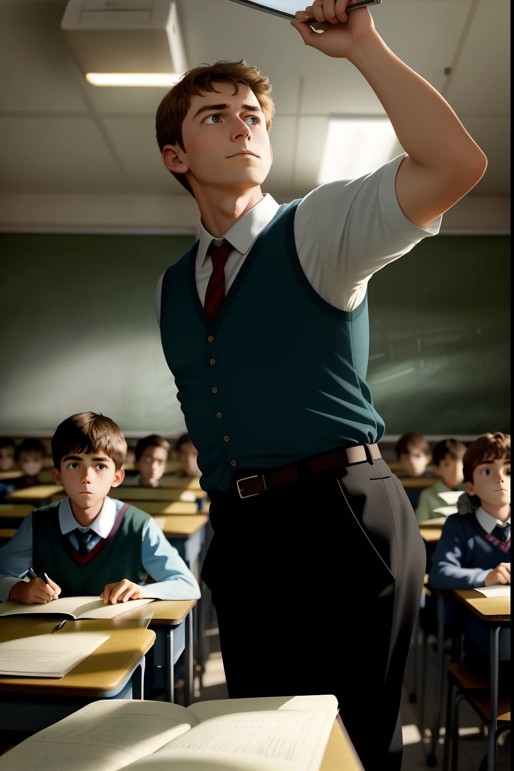 Wide shot, Classroom scene, ((teacher)), teaching, writes homework with a lamp lit in the last row of the classroom,Looking up at another boy who had broken in from the front of the classroom