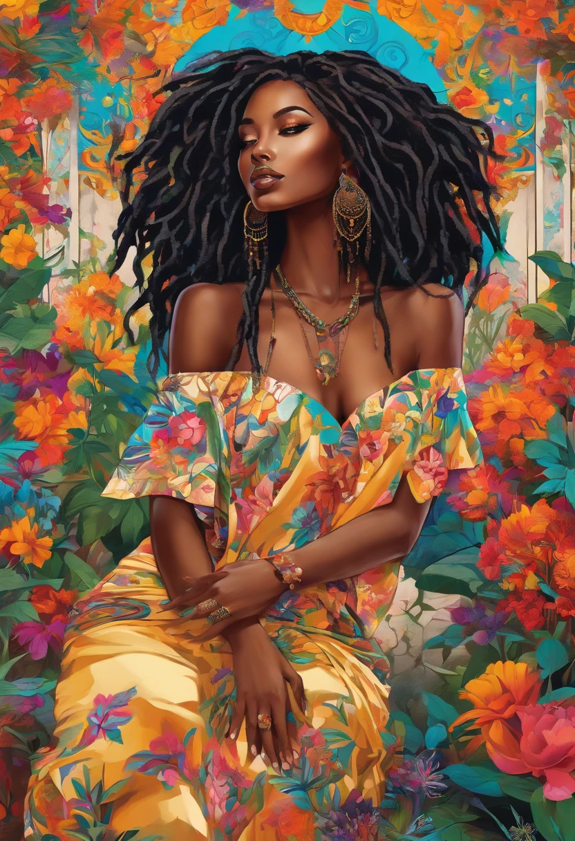 (a girl,a woman,a lady) with (ebony,black) (skin,complexion) and (long, flowing) (black, dark) (dreadlocks, hair), (beautiful detailed eyes,beautiful detailed lips,extremely detailed eyes and face,longeyelashes). She is (standing,sitting) in a (lush, vibrant) garden surrounded by (colorful, blooming) flowers. She is wearing a (colorful, flowing) dress, and her (graceful, elegant) posture exudes confidence and (femininity, strength). The sunlight gently illuminates her face, casting a soft and (warm,golden) glow. The scene is (realistic,photorealistic:1.37) and (best quality,highres), with (vivid,rich) colors and (sharp,defined) details.