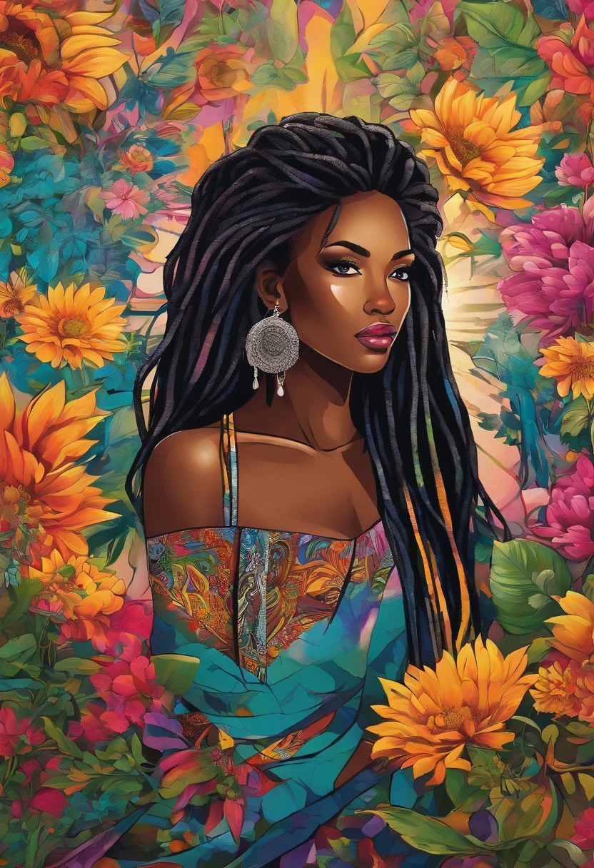 (a girl,a woman,a lady) with (ebony,black) (skin,complexion) and (long, flowing) (black, dark) (dreadlocks, hair), (beautiful detailed eyes,beautiful detailed lips,extremely detailed eyes and face,longeyelashes). She is (standing,sitting) in a (lush, vibrant) garden surrounded by (colorful, blooming) flowers. She is wearing a (colorful, flowing) dress, and her (graceful, elegant) posture exudes confidence and (femininity, strength). The sunlight gently illuminates her face, casting a soft and (warm,golden) glow. The scene is (realistic,photorealistic:1.37) and (best quality,highres), with (vivid,rich) colors and (sharp,defined) details.
