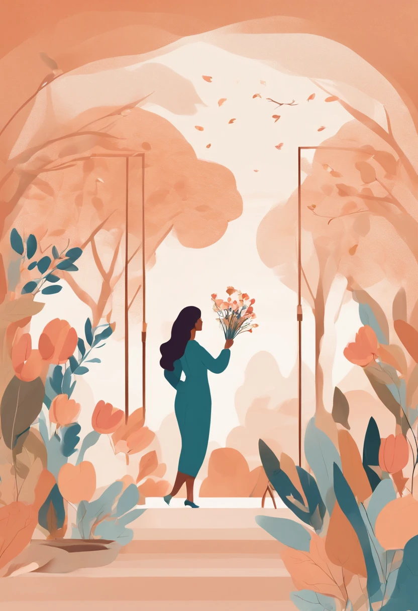 Teacher's Day illustration,A lovely teacher holding flowers,Surrounded by a group of students,In a classroom,Simple vector art,Soft color palette,abstract paintings,Zen Buddhism,Cover art with abstract light,Contemporary Chinese literati,Color gradient,Hierarchical form,Whimsical picture,Ethereal style painting