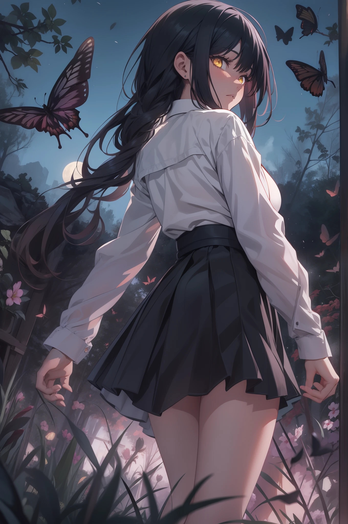 2D, master piece, best quality, (Lora_Nayuta), highly detailed, 1girl, alone, cowboy shot, a girl with black hair, white shirt, long sleeves, black skirt, blushing, outdoors, Ring eyes, yellow eyes, Nayuta, black butterflies, scary atmosphere, moonlit night, shades of gray, intense look, sad expression, short hair with braids