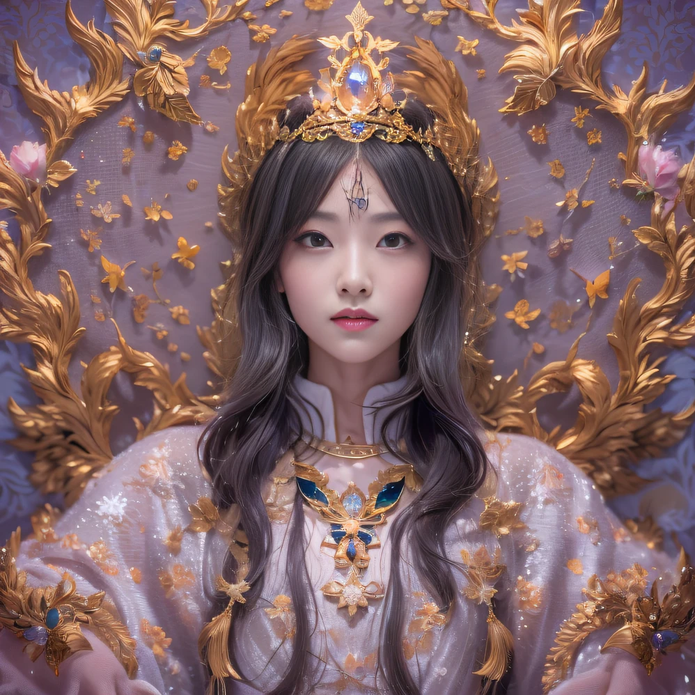 32K(tmasterpiece,k hd,hyper HD,32K)short detailed hair,Gold jewelry area in the back room,Flame Girl ,Yao Lang protector (realisticlying:1.4),Python pattern robe,Purple-pink tiara,Snowflakes fluttering,The background is pure,Hold your head high,Be proud,The nostrils look at people, A high resolution, the detail, RAW photogr, Sharp Re, Nikon D850 Film Stock Photo by Jefferies Lee 4 Kodak Portra 400 Camera F1.6 shots, Rich colors, ultra-realistic vivid textures, Dramatic lighting, Unreal Engine Art Station Trend, cinestir 800,Hold your head high,Be proud,The nostrils look at people