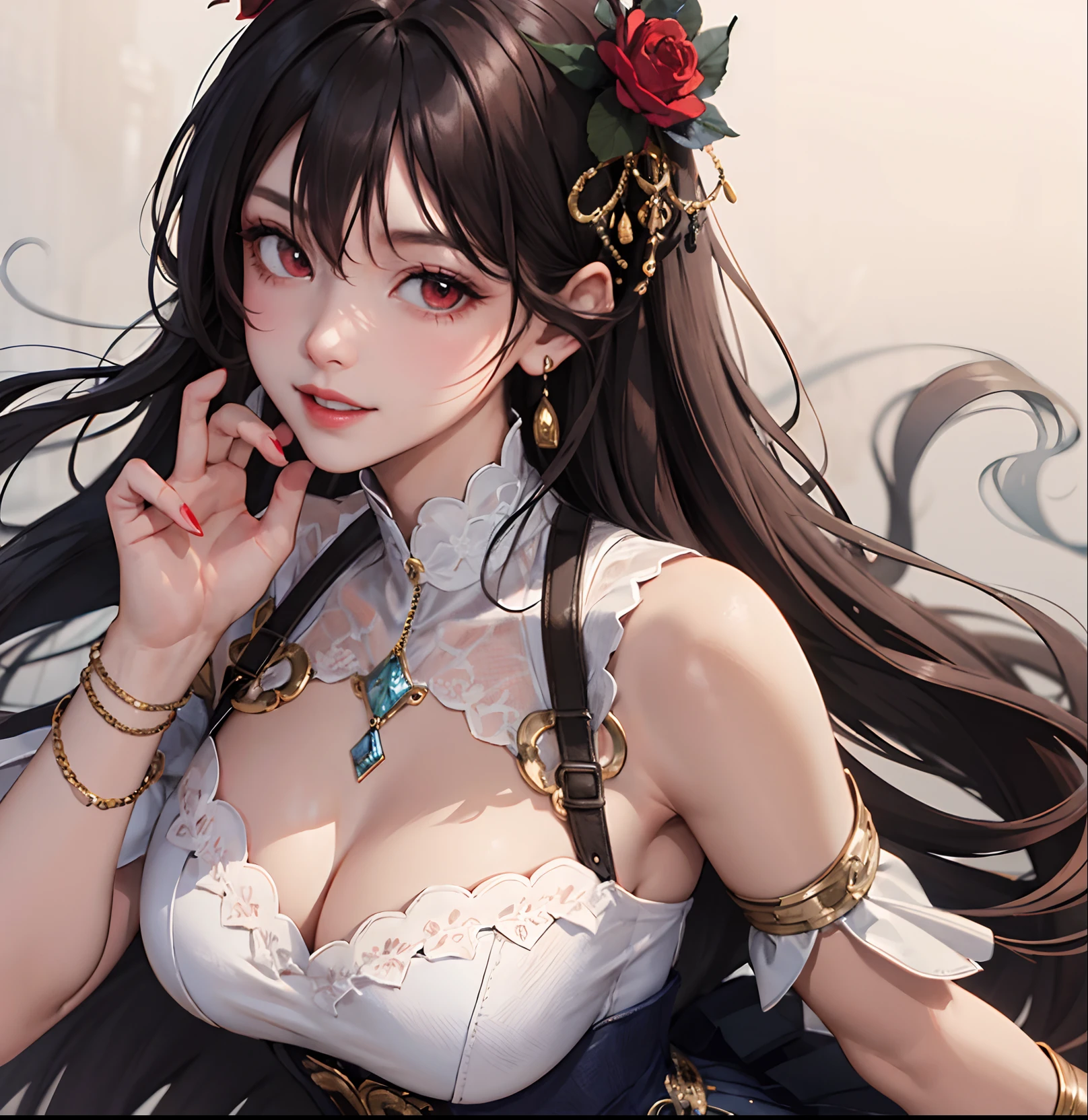 (masterpiece:1.2, best quality), (real picture, intricate details), 1lady, solo, upper body, fancy, Fancy setting, long hair, minimal makeup, natural fabrics, close-up face, smile, school, long white hair, bangs, hair bangs, bangs between eyes, red eyes, big breasts, big tits, big butt, fancy clothing, goddess, skirt, pleated skirt, goddess clothing, detailed