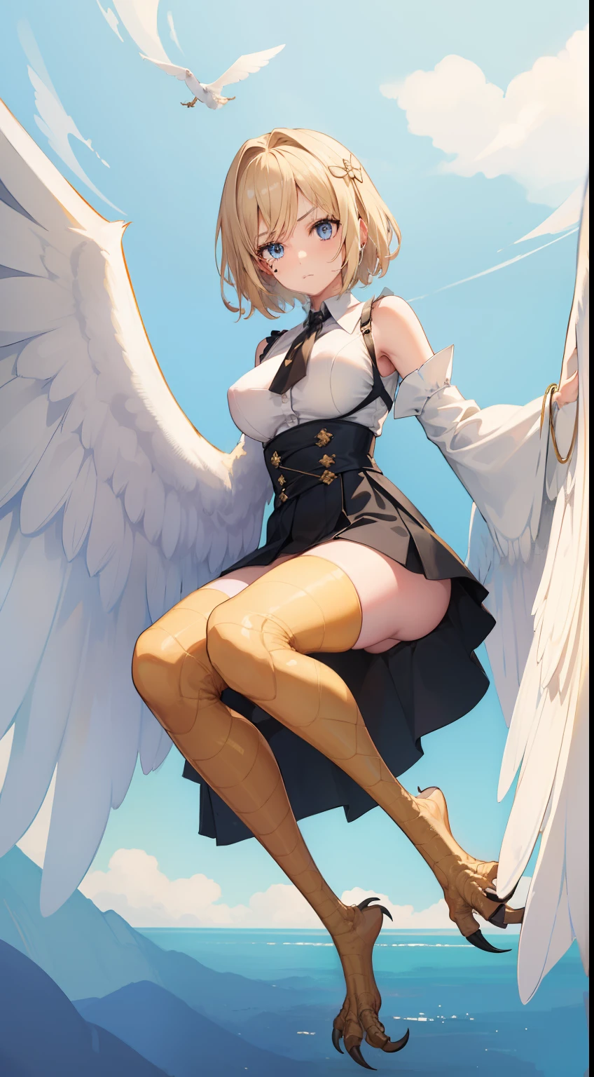 1girl,solo,20s,serious face, white shirt,black skirt,medium tits,light blonde hair,short hair,blue eyes,harpy,light blonde wings,claws,flying, no arms, florest background,attacking