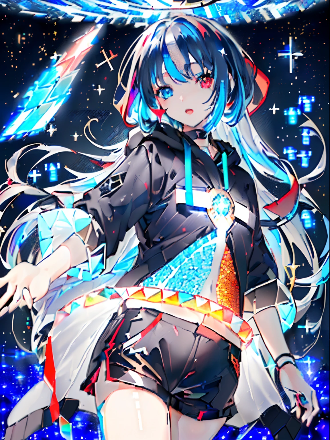 ((masutepiece)), ((Best Quality)), ((Delicate Light)), ((delicate illustration)), (One girl, About , Straight in front, Blue hair, Long hair, Futuristic clothes, Black hoodie, Black shorts:1.2), (Heterochromic, Blue Eye, Red Eye:1.4), (widely opened eyes, Slightly open mouth, Red cheeks:1.3), (Discharge effect:1.2), (Shining eyes:1.3), (Delicate hand), (Glitter Effects:1.4), (a hologram:1.3), (A lot of glowing letters float around the girl:1.4), (Irregular mosaic hangs over the girl:1.5),