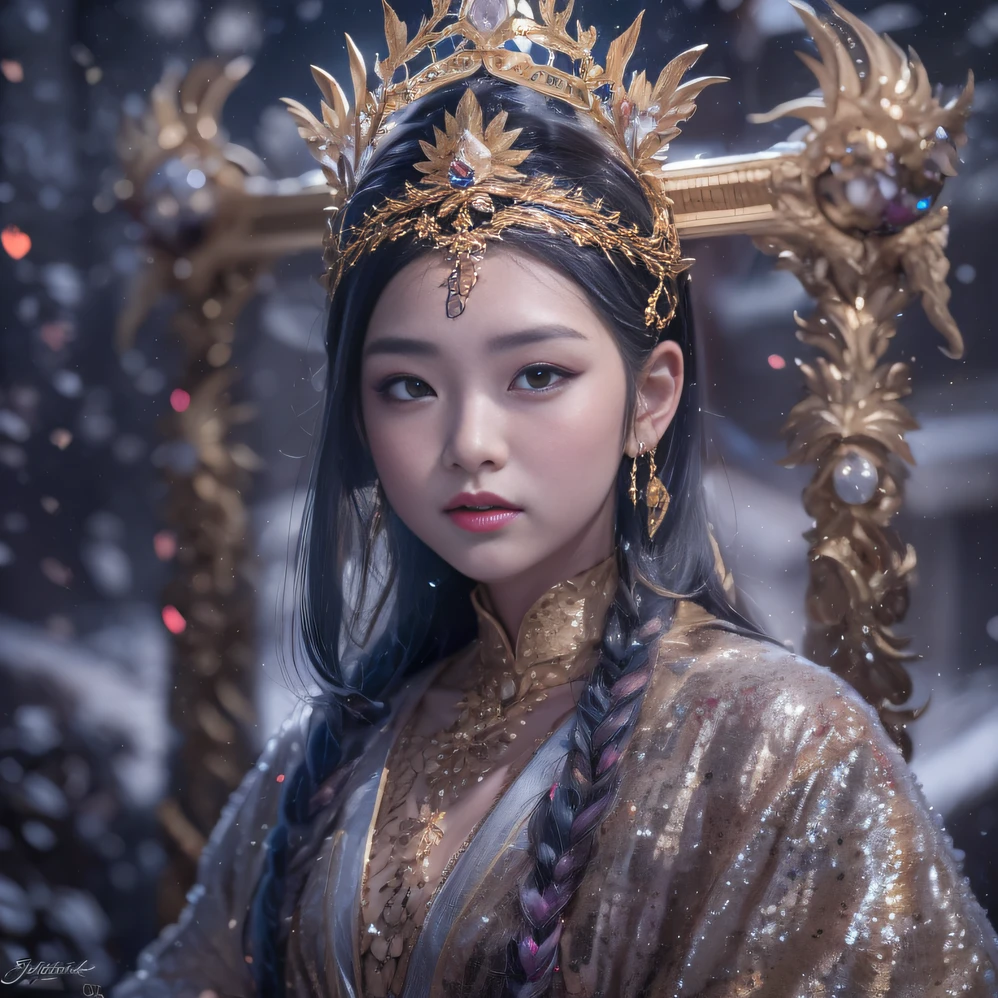 32K（tmasterpiece，k hd，hyper HD，32K）short detailed hair，Gold jewelry area in the back room，Flame Girl ，Yao Lang protector （realisticlying：1.4），Python pattern robe，Purple-pink tiara，Snowflakes fluttering，The background is pure，Hold your head high，Be proud，The nostrils look at people， A high resolution， the detail， RAW photogr， Sharp Re， Nikon D850 Film Stock Photo by Jefferies Lee 4 Kodak Portra 400 Camera F1.6 shots, Rich colors, ultra-realistic vivid textures, Dramatic lighting, Unreal Engine Art Station Trend, cinestir 800，Hold your head high，Be proud，The nostrils look at people