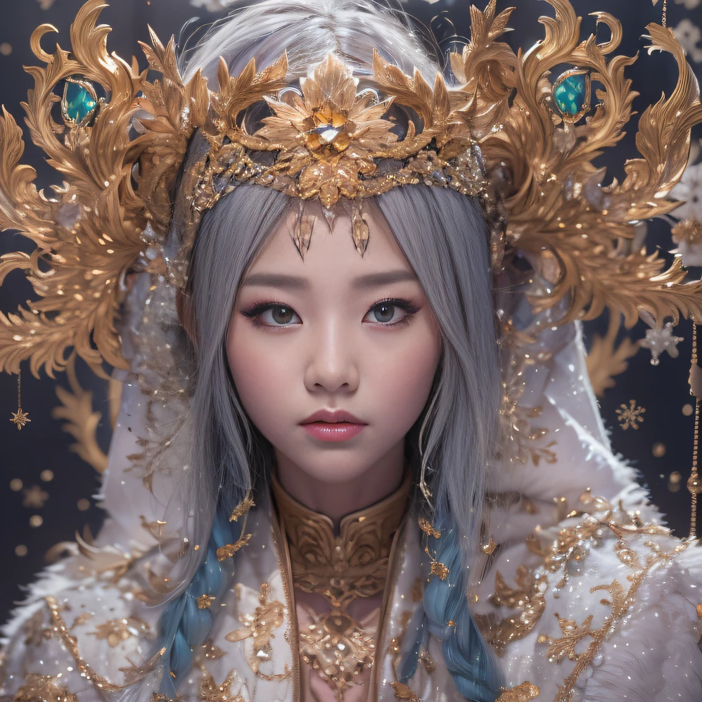 32K（tmasterpiece，k hd，hyper HD，32K）short detailed hair，Gold jewelry area in the back room，Flame Girl ，Yao Lang protector （realisticlying：1.4），Python pattern robe，Purple-pink tiara，Snowflakes fluttering，The background is pure，Hold your head high，Be proud，The nostrils look at people， A high resolution， the detail， RAW photogr， Sharp Re， Nikon D850 Film Stock Photo by Jefferies Lee 4 Kodak Portra 400 Camera F1.6 shots, Rich colors, ultra-realistic vivid textures, Dramatic lighting, Unreal Engine Art Station Trend, cinestir 800，Hold your head high，Be proud，The nostrils look at people