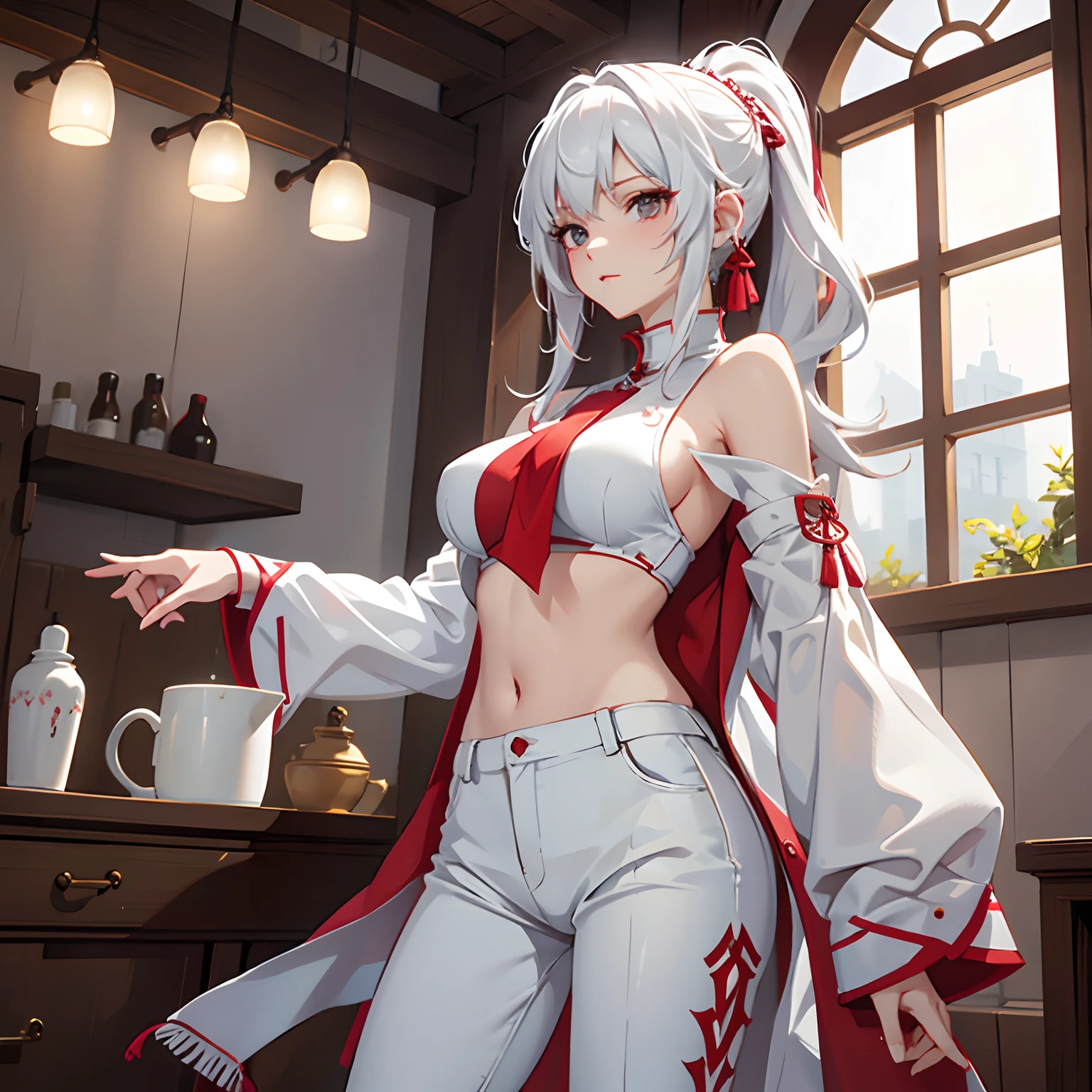 tmasterpiece, hiquality, detailing, A girl, white pants, Red shirt, backboob, Indoors, white colored hair