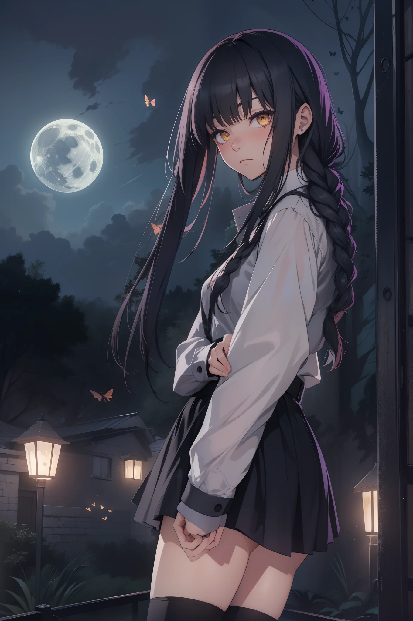 2D, master piece, best quality, (Lora_Nayuta), highly detailed, 1girl, alone, cowboy shot, a girl with black hair, individual braids, side braids, white shirt, long sleeves, black skirt, blushing, outdoors, Ring eyes, yellow eyes, Nayuta, black butterflies, scary atmosphere, moonlit night, shades of gray, intense look, sad expression