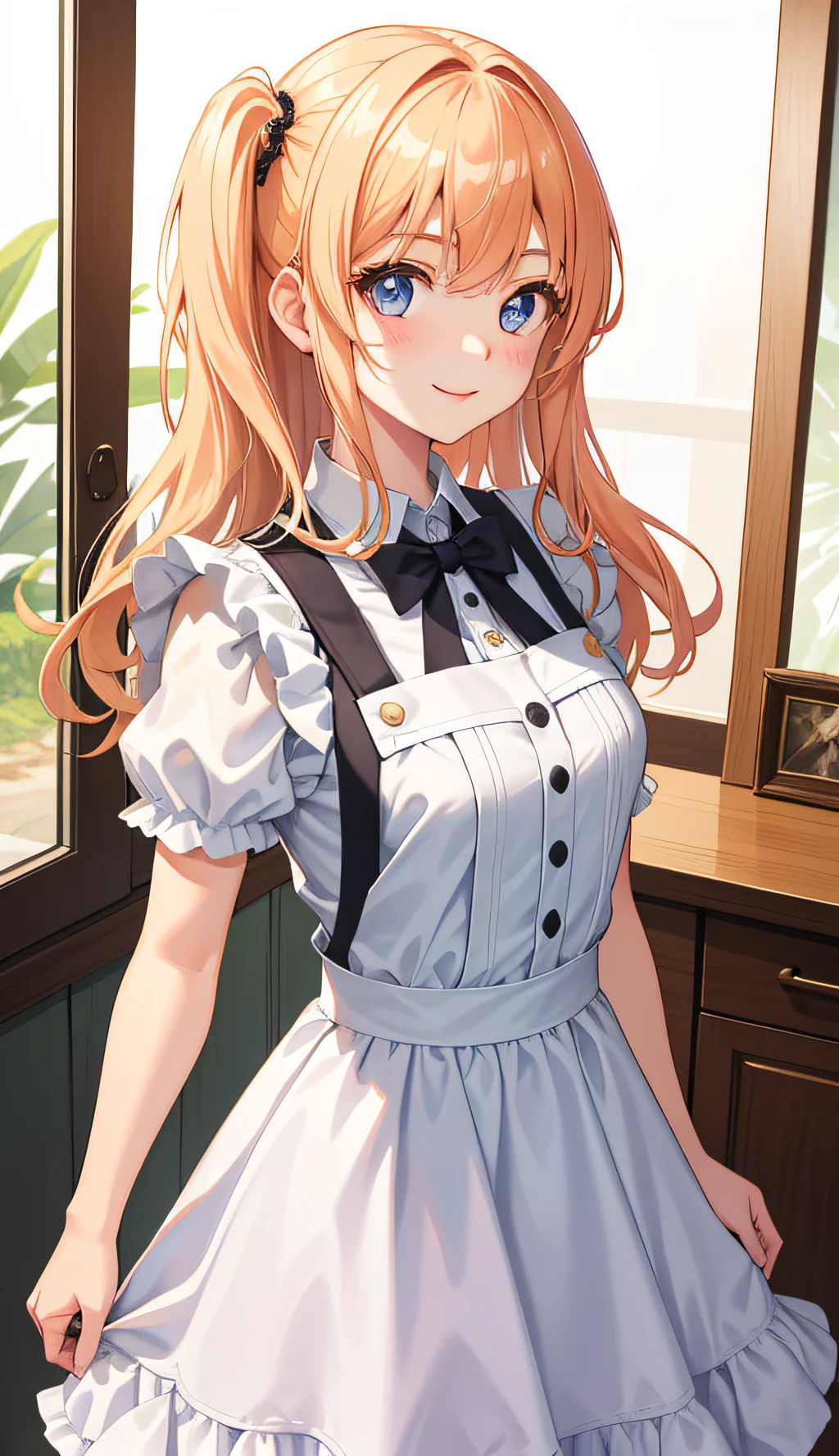 1girl em、um sorriso、A delightful! A camisa、saia pelo、(middlebreasts)Pinafore、Doress、adornos de cabelo、Empregadas、