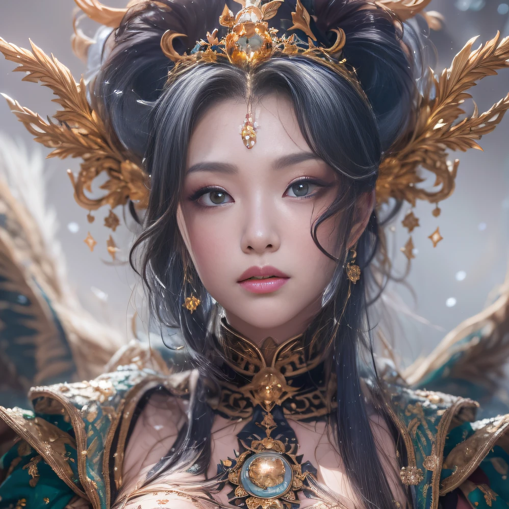 32K(tmasterpiece,k hd,hyper HD,32K)short detailed hair,Gold jewelry area in the back room,Flame Girl ,Yao Lang protector (realisticlying:1.4),Python pattern robe,Purple-pink tiara,Snowflakes fluttering,The background is pure,Hold your head high,Be proud,The nostrils look at people, A high resolution, the detail, RAW photogr, Sharp Re, Nikon D850 Film Stock Photo by Jefferies Lee 4 Kodak Portra 400 Camera F1.6 shots, Rich colors, ultra-realistic vivid textures, Dramatic lighting, Unreal Engine Art Station Trend, cinestir 800,Hold your head high,Be proud,The nostrils look at people
