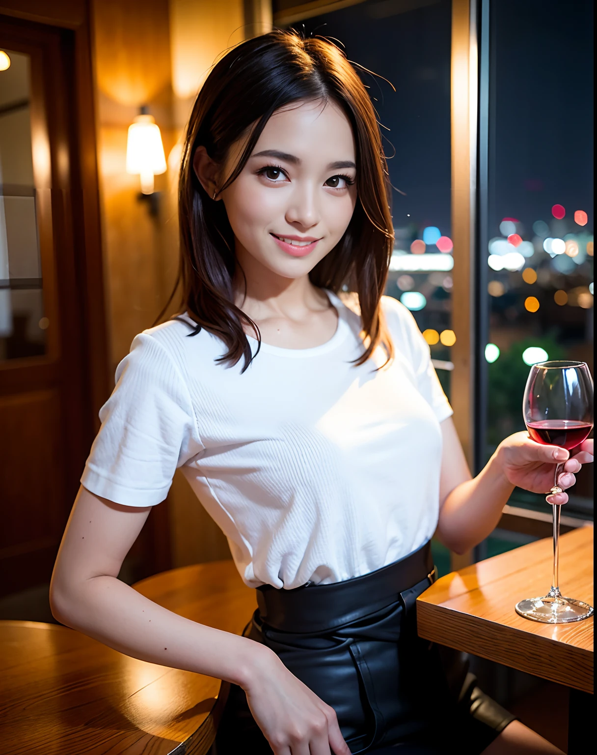 (64K, UHD, top quality, masterpiece: 1.2), (realistic, photorealistic: 1.37), super detailed, pretty woman 1 person, (slim face), (slim body), (brown hair), (short cut), cheeks slightly blushing, (44 years old), 38 years old, solo, beautiful detailed urban night view outside the window, restaurant, wine glasses sit, at night, in a prominent placeNovaFrogStyle, Actress, Model, Waist Up, White Wine, Slim, Wine Glass, Super Clean Night View, Wine Glass Put in the Middle, Happy Smile, (Smile: 1.15), Beautiful Fine Eyes, Upper Body, Bust Japan Up, Night, Short, Short, Actress, Model, Waist Up, White Wine, Slim, Wine Glass, Super Clean Night View, Wine Glass Put in the Middle, Happy Smile,
