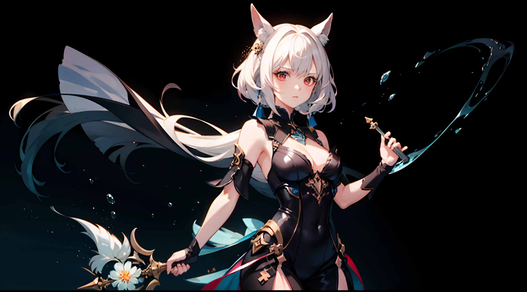 1girl,whaite hair,horse tailed,Red eyes,short sword,Bigchest,围巾,Wallpapers,Magic array background,light particules,Green fire,