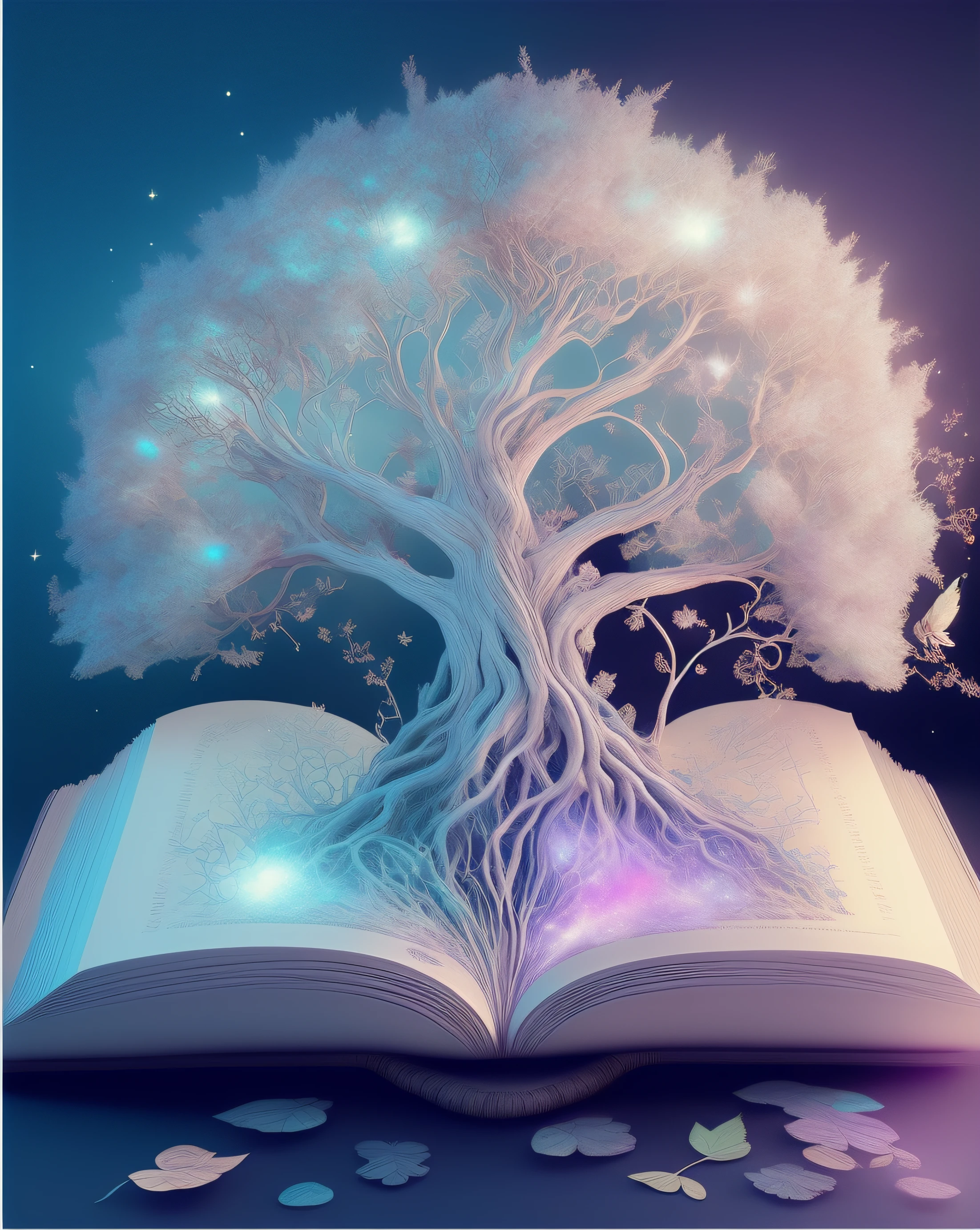 There is a book on the table,There is a tree inside, Magical tree, enchanted tree, Magic Book, very magical and dreamy, Fantasy Tree, Cosmic Tree of Life, fantasy book, dreamy and detailed, Magical and mysterious, cosmic tree, Magical background, 3d magical details, Magical composition, large magical trees, The Tree of Life, enchanted magical fantasy forest