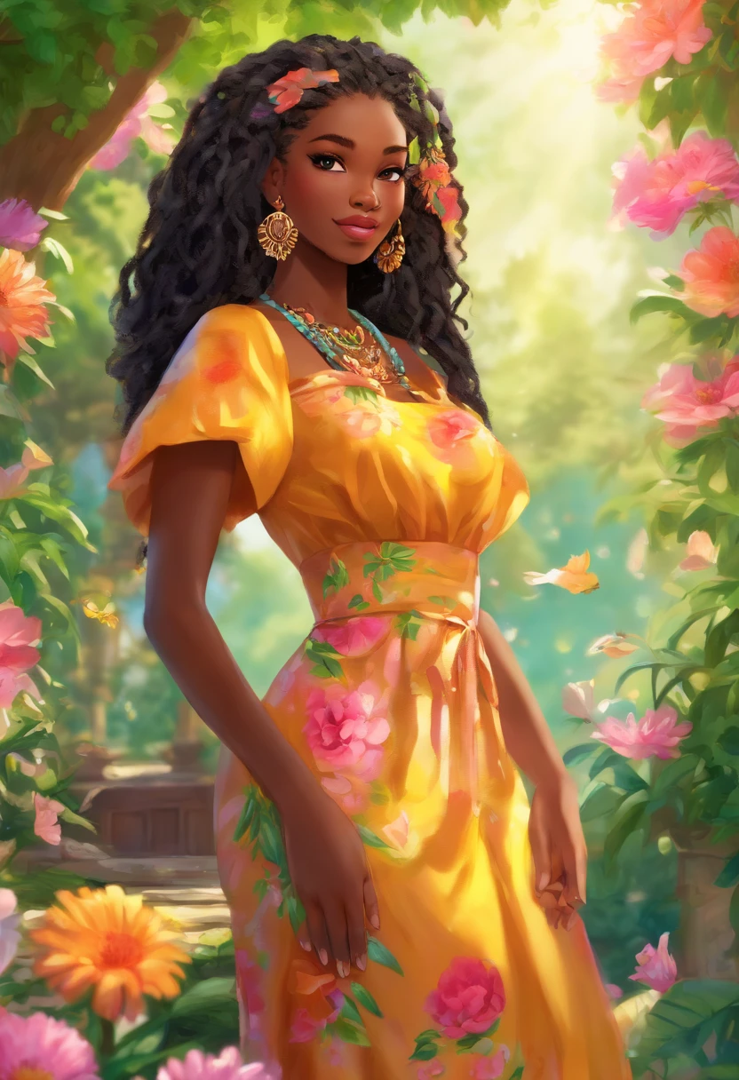 (a girl,a woman,a lady) with (ebony,black) (skin,complexion) and (long, flowing) (black, dark) (dreadlocks, hair), (beautiful detailed eyes,beautiful detailed lips,extremely detailed eyes and face,longeyelashes). She is (standing,sitting) in a (lush, vibrant) garden surrounded by (colorful, blooming) flowers. She is wearing a (colorful, flowing) dress, and her (graceful, elegant) posture exudes confidence and (femininity, strength). The sunlight gently illuminates her face, casting a soft and (warm,golden) glow. The scene is (realistic,photorealistic:1.37) and (best quality,highres), with (vivid,rich) colors and (sharp,defined) details.