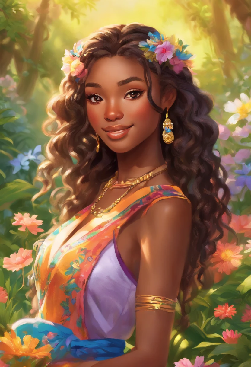 (a girl,a woman,a lady) with (ebony,black) (skin,complexion) and (long, flowing) (black, dark) (dreadlocks, hair), (beautiful detailed eyes,beautiful detailed lips,extremely detailed eyes and face,longeyelashes). She is (standing,sitting) in a (lush, vibrant) garden surrounded by (colorful, blooming) flowers. She is wearing a (colorful, flowing) dress, and her (graceful, elegant) posture exudes confidence and (femininity, strength). The sunlight gently illuminates her face, casting a soft and (warm,golden) glow. The scene is (realistic,photorealistic:1.37) and (best quality,highres), with (vivid,rich) colors and (sharp,defined) details.