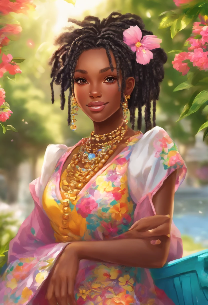 (a girl,a woman,a lady) with (ebony,black) (skin,complexion) and (long, flowing) (black, dark) (dreadlocks, hair), (beautiful detailed eyes,beautiful detailed lips,extremely detailed eyes and face,longeyelashes). She is (standing,sitting) in a (lush, vibrant) garden surrounded by (colorful, blooming) flowers. She is wearing a (colorful, flowing) dress, and her (graceful, elegant) posture exudes confidence and (femininity, strength). The sunlight gently illuminates her face, casting a soft and (warm,golden) glow. The scene is (realistic,photorealistic:1.37) and (best quality,highres), with (vivid,rich) colors and (sharp,defined) details.