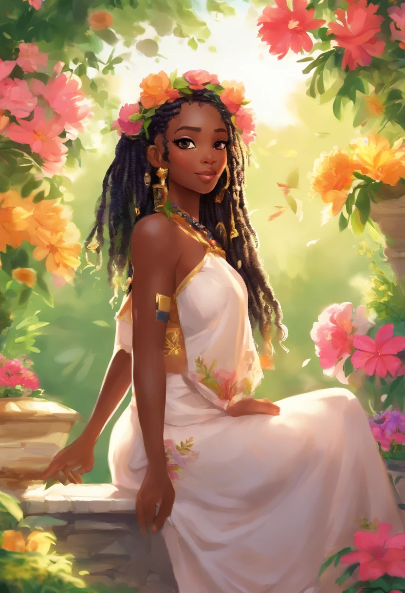 (a girl,a woman,a lady) with (ebony,black) (skin,complexion) and (long, flowing) (black, dark) (dreadlocks, hair), (beautiful detailed eyes,beautiful detailed lips,extremely detailed eyes and face,longeyelashes). She is (standing,sitting) in a (lush, vibrant) garden surrounded by (colorful, blooming) flowers. She is wearing a (colorful, flowing) dress, and her (graceful, elegant) posture exudes confidence and (femininity, strength). The sunlight gently illuminates her face, casting a soft and (warm,golden) glow. The scene is (realistic,photorealistic:1.37) and (best quality,highres), with (vivid,rich) colors and (sharp,defined) details.
