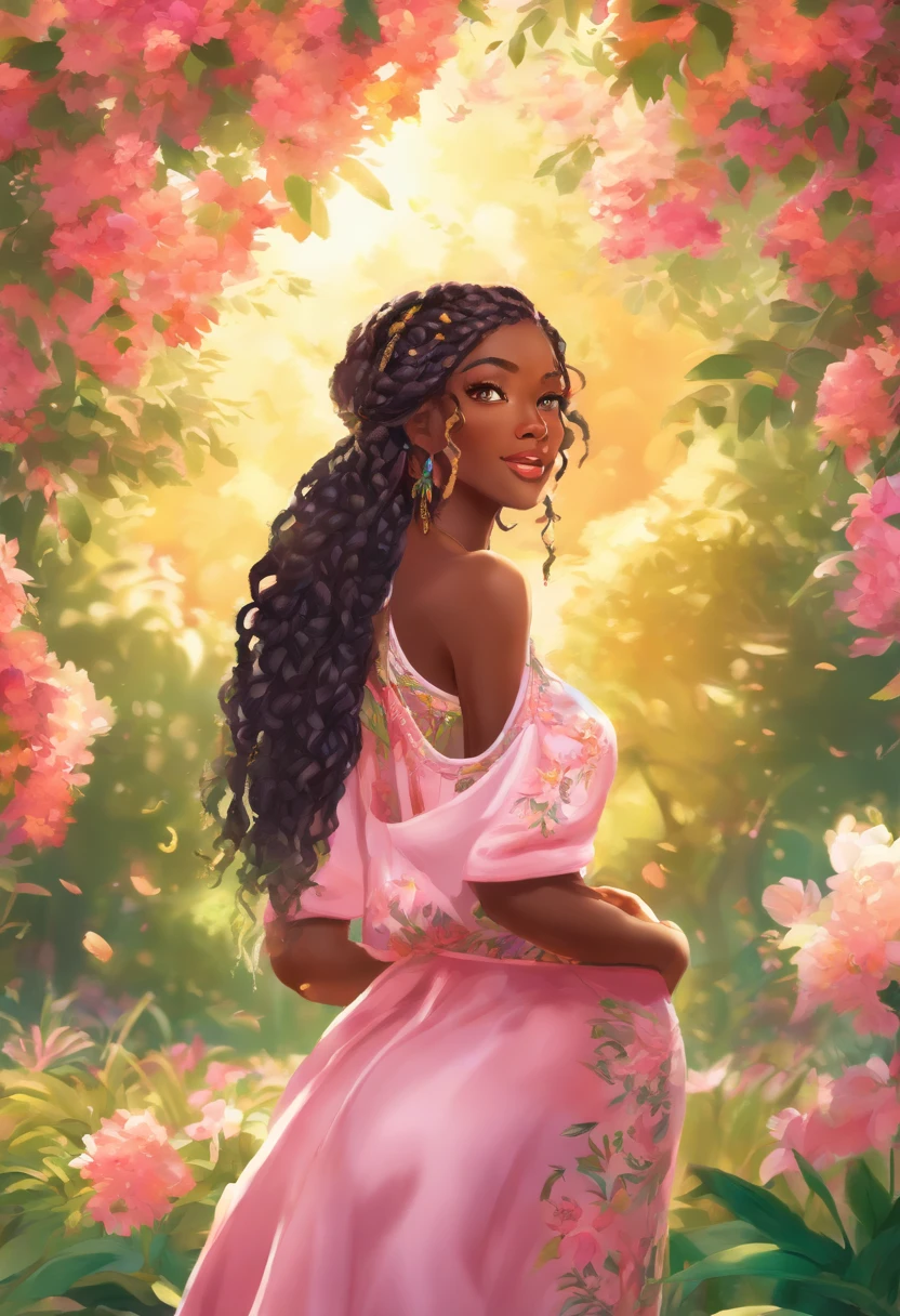 (a girl,a woman,a lady) with (ebony,black) (skin,complexion) and (long, flowing) (black, dark) (dreadlocks, hair), (beautiful detailed eyes,beautiful detailed lips,extremely detailed eyes and face,longeyelashes). She is (standing,sitting) in a (lush, vibrant) garden surrounded by (colorful, blooming) flowers. She is wearing a (colorful, flowing) dress, and her (graceful, elegant) posture exudes confidence and (femininity, strength). The sunlight gently illuminates her face, casting a soft and (warm,golden) glow. The scene is (realistic,photorealistic:1.37) and (best quality,highres), with (vivid,rich) colors and (sharp,defined) details.