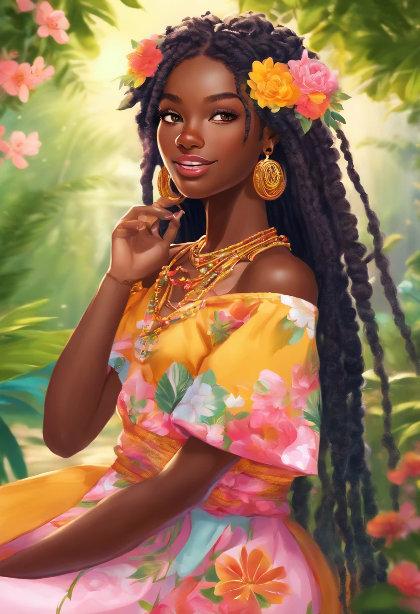 (a girl,a woman,a lady) with (ebony,black) (skin,complexion) and (long, flowing) (black, dark) (dreadlocks, hair), (beautiful detailed eyes,beautiful detailed lips,extremely detailed eyes and face,longeyelashes). She is (standing,sitting) in a (lush, vibrant) garden surrounded by (colorful, blooming) flowers. She is wearing a (colorful, flowing) dress, and her (graceful, elegant) posture exudes confidence and (femininity, strength). The sunlight gently illuminates her face, casting a soft and (warm,golden) glow. The scene is (realistic,photorealistic:1.37) and (best quality,highres), with (vivid,rich) colors and (sharp,defined) details.