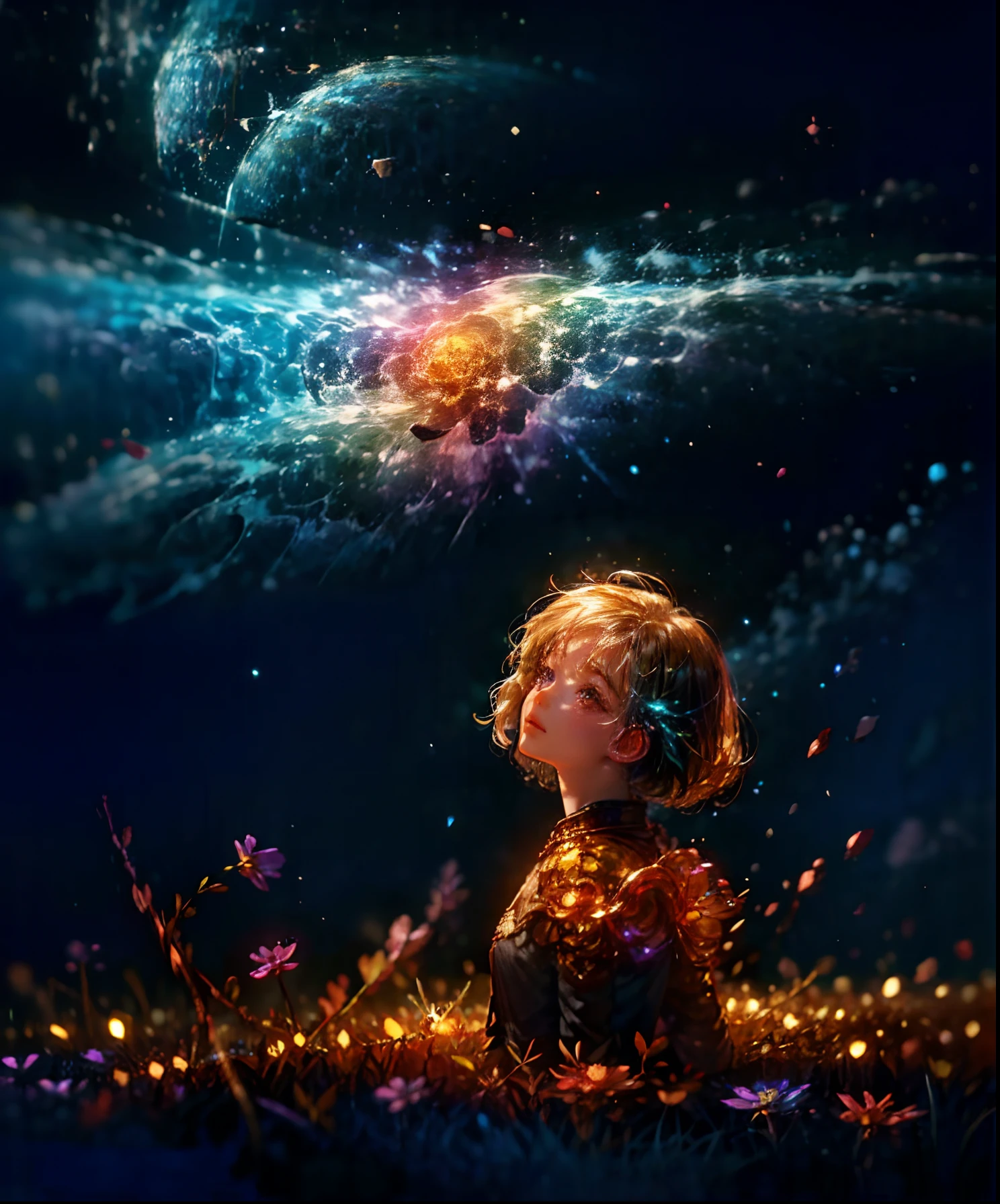 Describe a scene where a cute girl character is lying on a grassy hill, Looking up at the starry sky. Surround her with colorful nebulae and her favorite constellations.