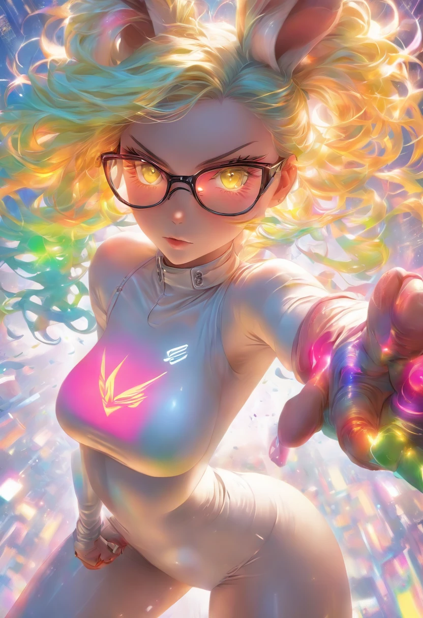 The most beautiful and sexy bunny girl, rainbow colored hair, yellow eyes, wearing glasses, wearing highly detailed white leather outfit and white leather boots, perfect masterpiece, high quality, high resolution